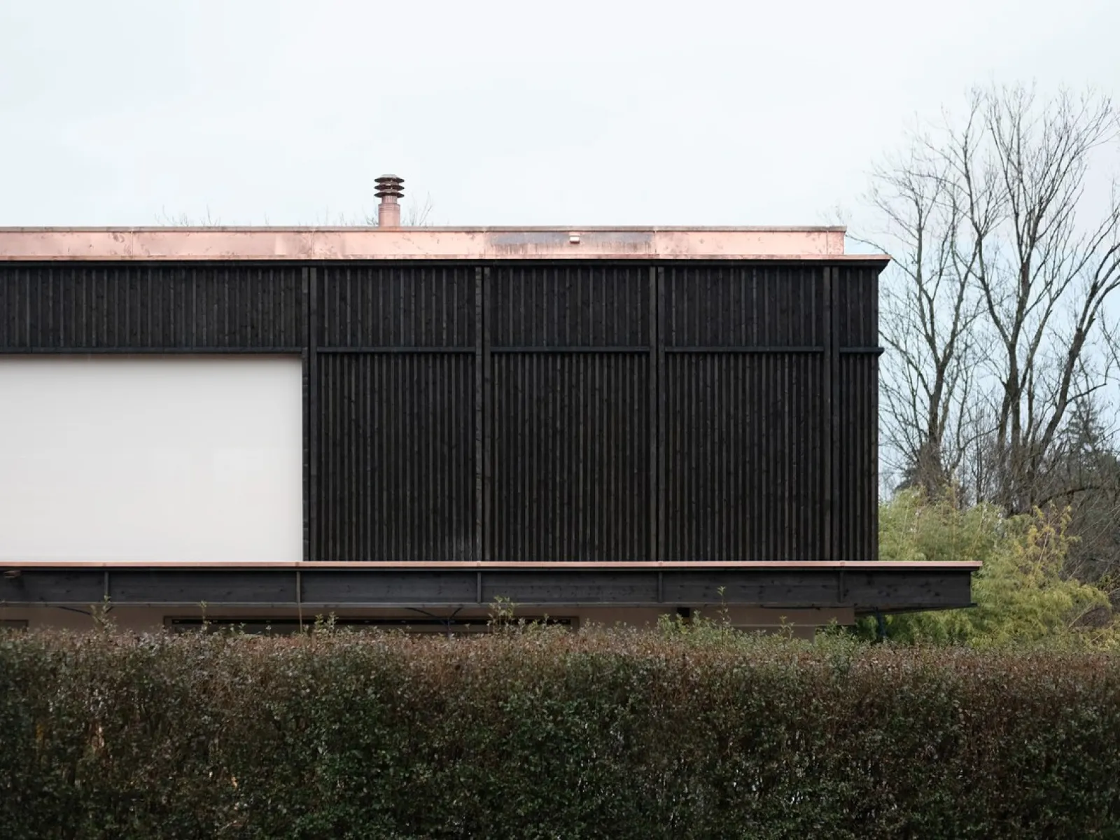 Ein modernes Gebäude mit dunkler Holzfassade und flachem Kupferdach, umgeben von Bäumen und einer Hecke im Vordergrund.