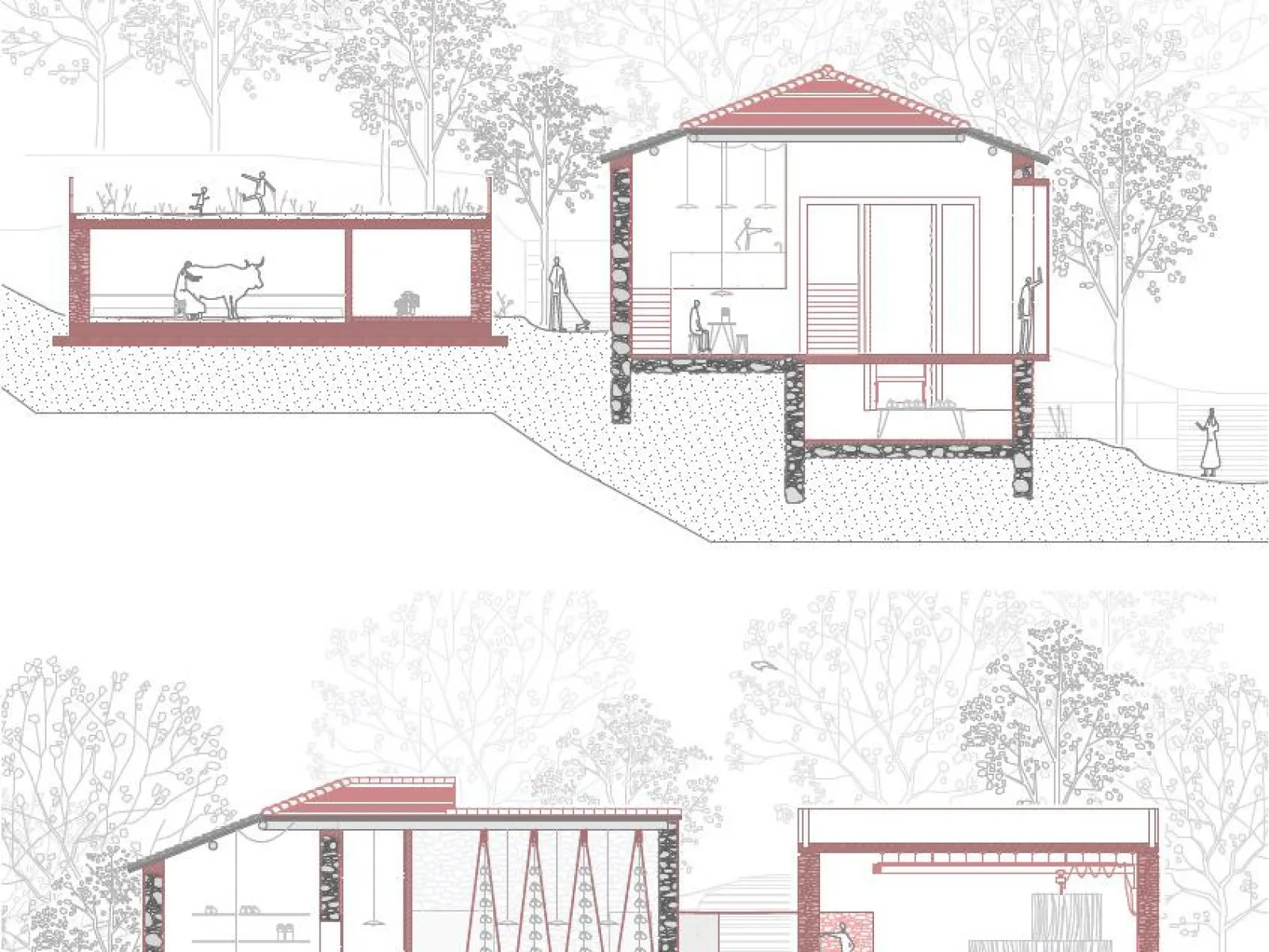 Querschnittszeichnung von zwei architektonischen Entwürfen, die ländliche Gebäude mit Innenräumen und Landschaft zeigen. Die Zeichnungen enthalten Details wie Tiere, Menschen und Vegetation, die die Integration von Natur und Architektur veranschaulichen.