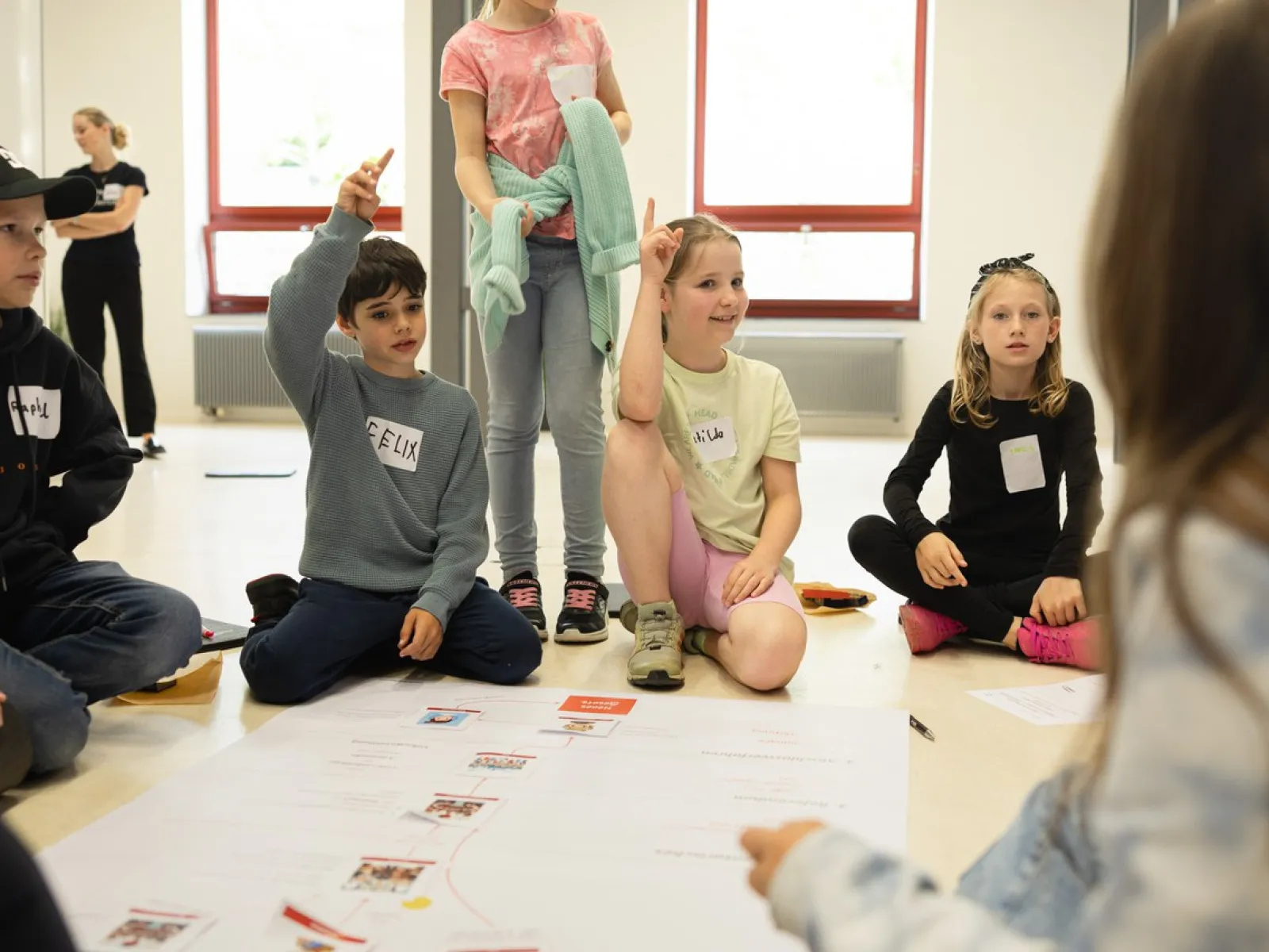 Kinder sitzen in einem Kreis auf dem Boden und nehmen an einem interaktiven Workshop teil. Einige Kinder heben die Hand, um Fragen zu beantworten. Vor ihnen liegt ein großes Papier mit Diagrammen. Die Szene findet in einem hellen Raum mit großen Fenstern statt.