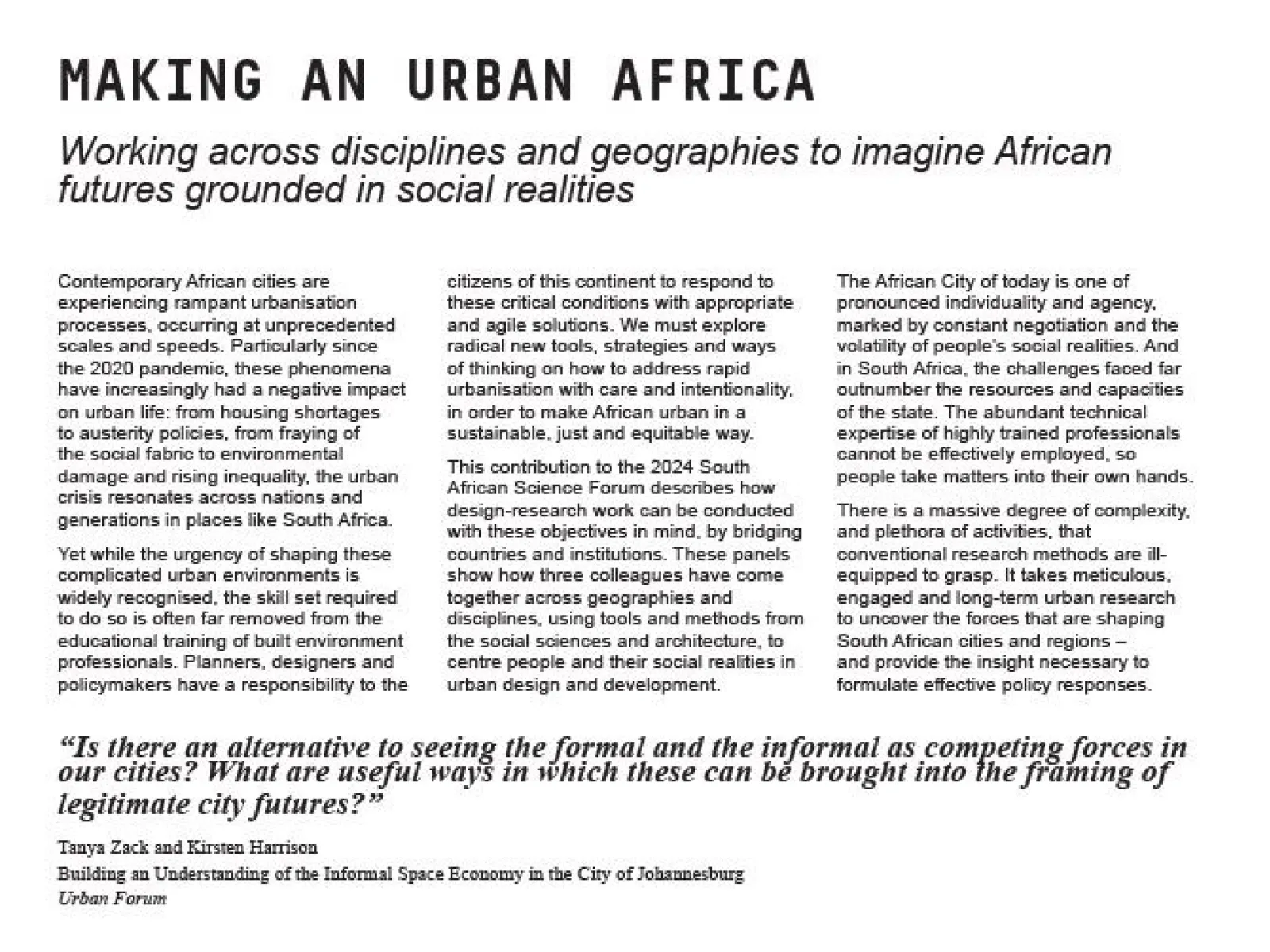 Ein Bild zeigt eine Ausstellungstafel mit Text und einer grafischen Darstellung. Die Grafik zeigt Hände, die an einem Modell arbeiten, das Gebäude und Straßen darstellt. Der Text thematisiert urbane Entwicklung und soziale Integration in afrikanischen Städten.