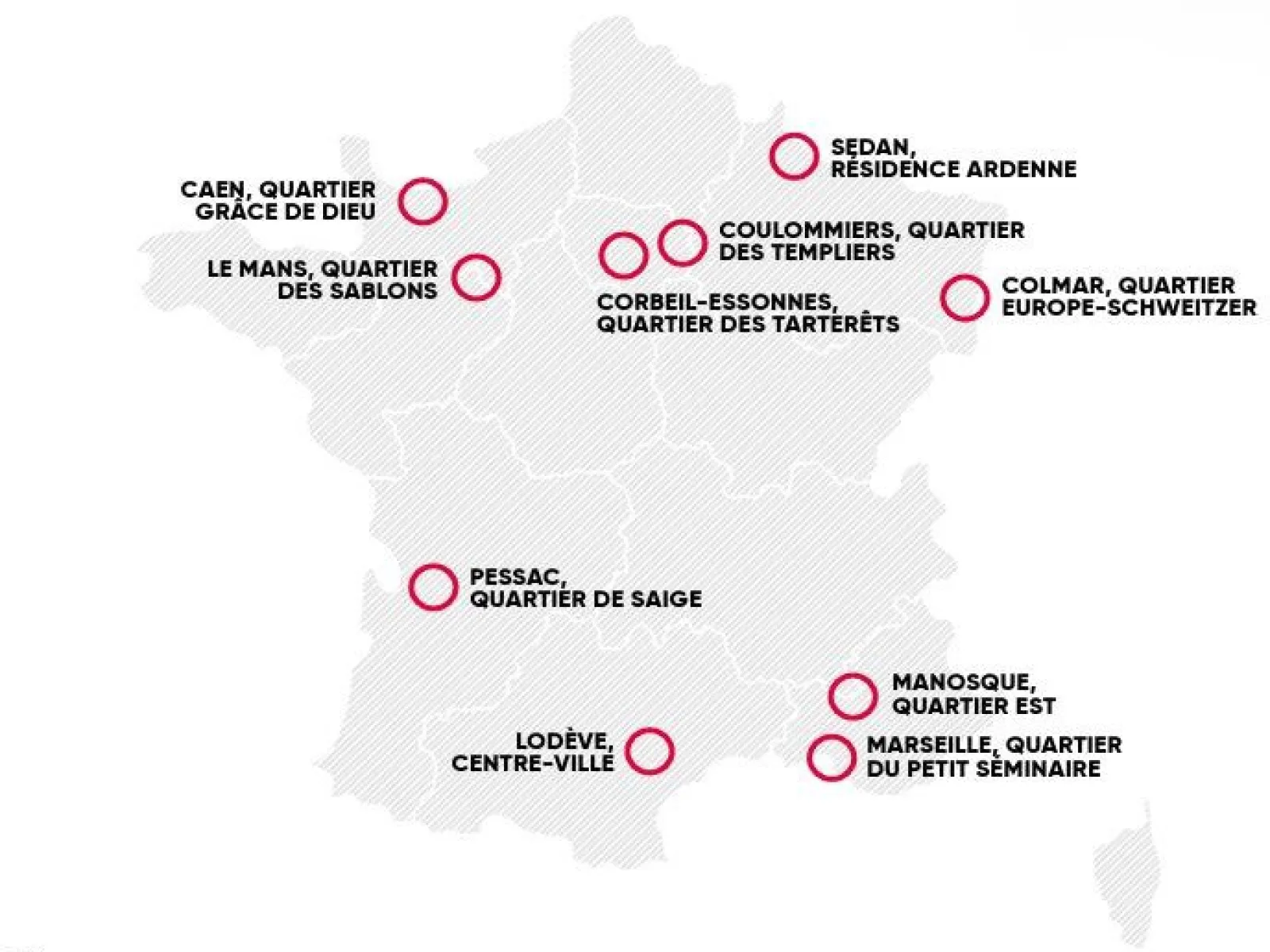 Karte von Frankreich mit markierten Städten, die am Projekt „Quartiers de demain“ teilnehmen: Caen, Le Mans, Sedan, Coulommiers, Corbeil-Essonnes, Colmar, Pessac, Lodève, Manosque, Marseille.