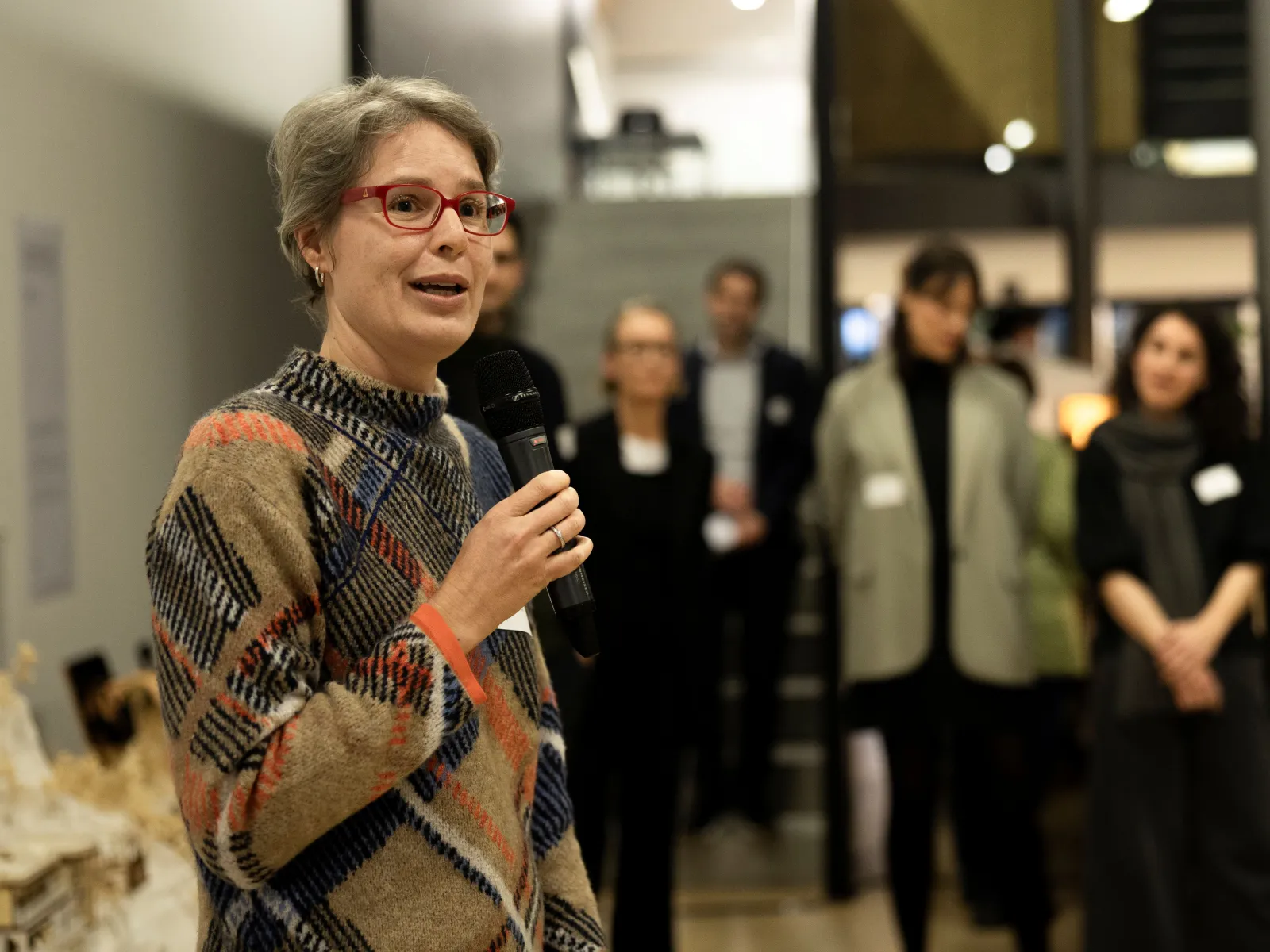 Eine Frau mit roter Brille und buntem Pullover spricht in ein Mikrofon