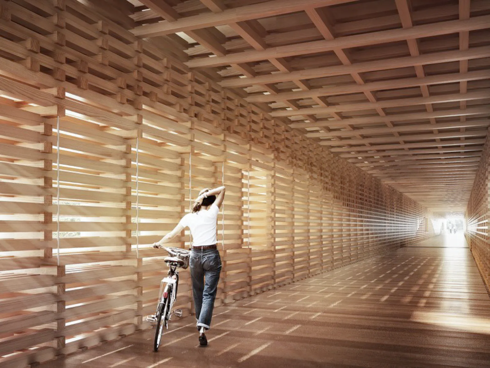 Holzgang mit Fahrrad im architektonischen Campusbereich der Universität Liechtenstein mit natürlichem Lichteinfall