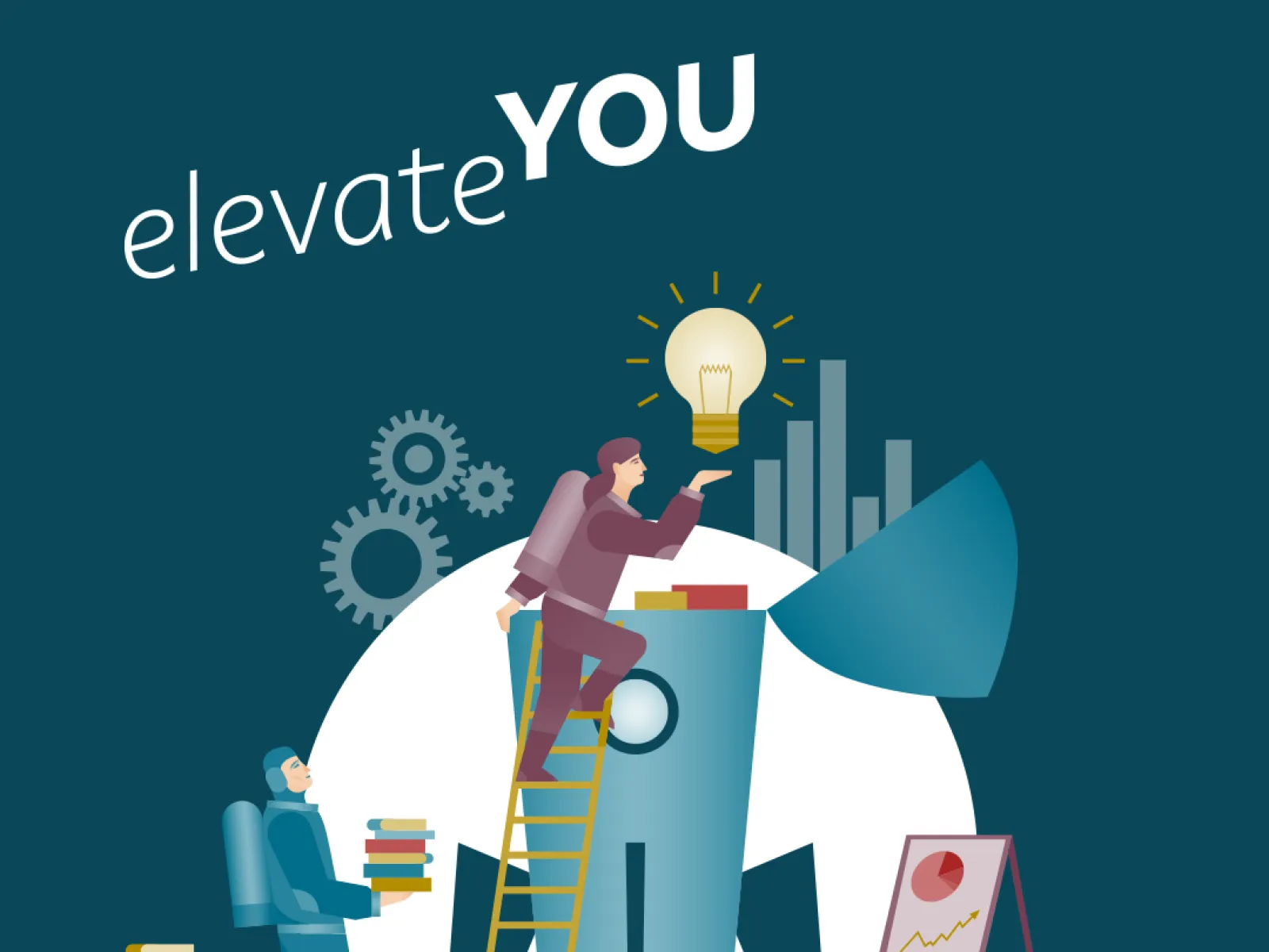 Illustration zu Innovation und Karriereentwicklung mit Weiterbildung Motivation und grafischen Symbolen