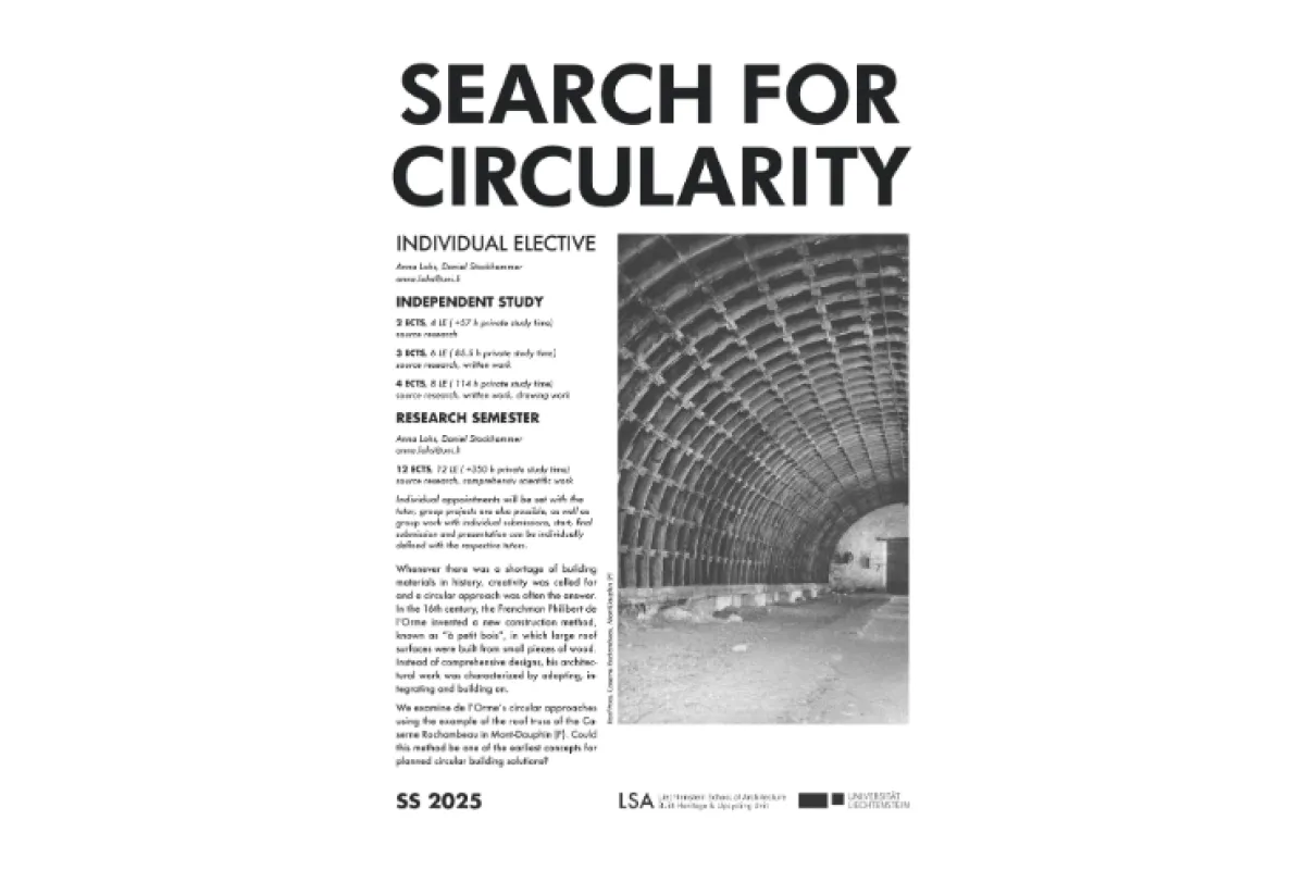 Architektur-Plakat zur individuellen Wahlveranstaltung «Search for Circularity» an der Universität Liechtenstein, SS 2025.