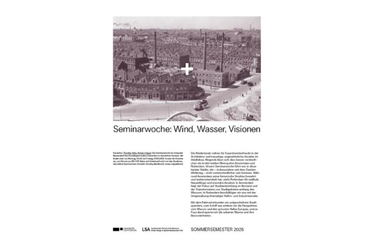 Schwarz/Weisses Plakat zu einer Seminarwoche mit dem Titel "wind, Wasser, Visionen"