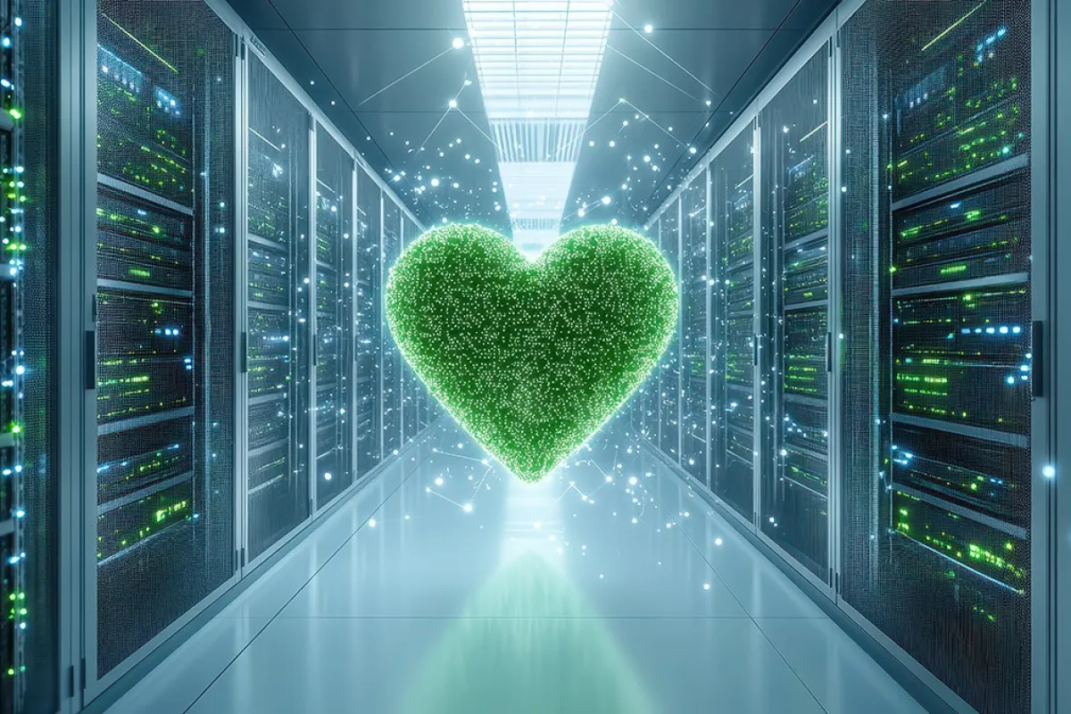 Ein leuchtendes grünes Herz ist zu sehen, welches inmitten einer grossen Serverfarm ist.