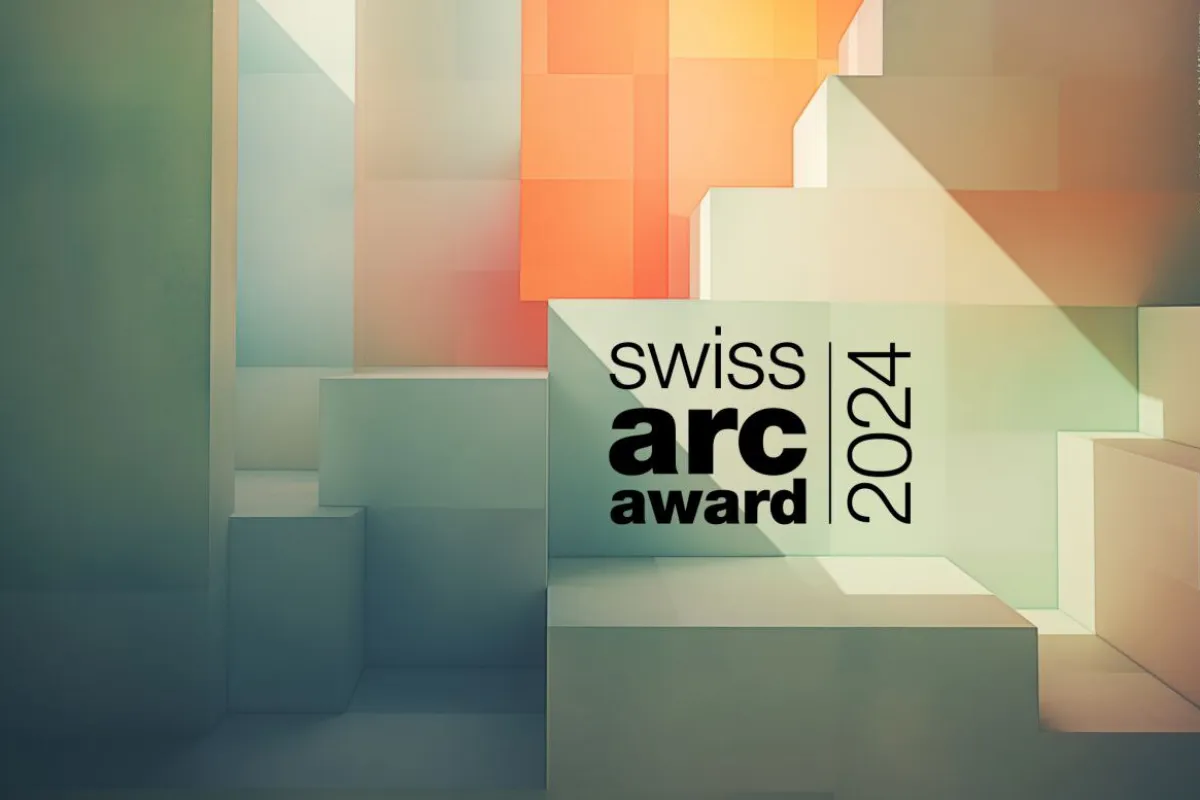'Swiss Arc Award 2024' prominent im Vordergrund. Modernes Design, das Architektur und Innovation symbolisiert.