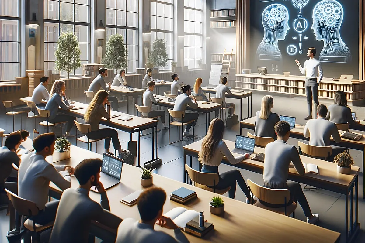 Ein moderner Hörsaal mit Studierenden, die an Tischen sitzen und Laptops nutzen. Ein Dozent steht vorne und präsentiert auf einem großen Bildschirm, der Diagramme von Gehirnen und KI-Symbolen zeigt. Große Fenster lassen viel Tageslicht herein, Pflanzen dekorieren den Raum.