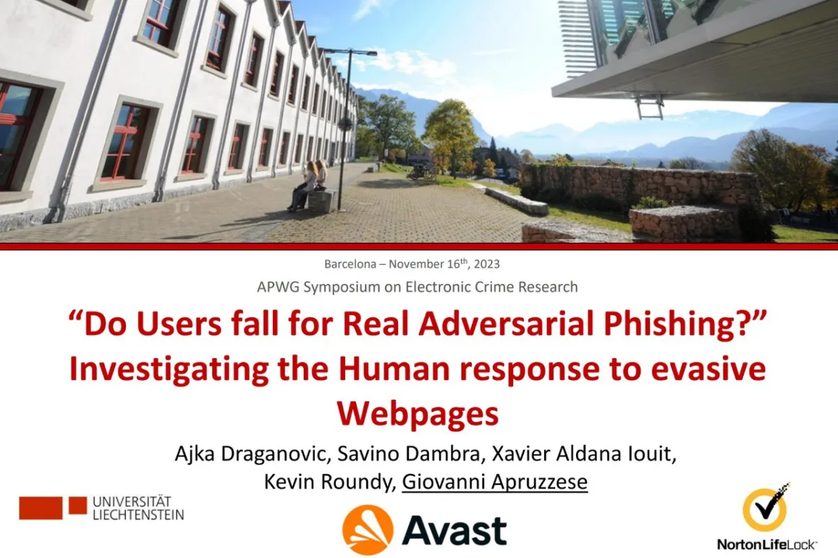 Ein Bild zeigt die Universität Liechtenstein mit einem sonnigen Campus und Bergen im Hintergrund. Im Vordergrund ist der Titel eines Forschungspapiers über Phishing von Giovanni Apruzzese und Kollegen zu sehen, präsentiert auf dem APWG Symposium in Barcelona. Logos von Avast und NortonLifeLock sind ebenfalls abgebildet.