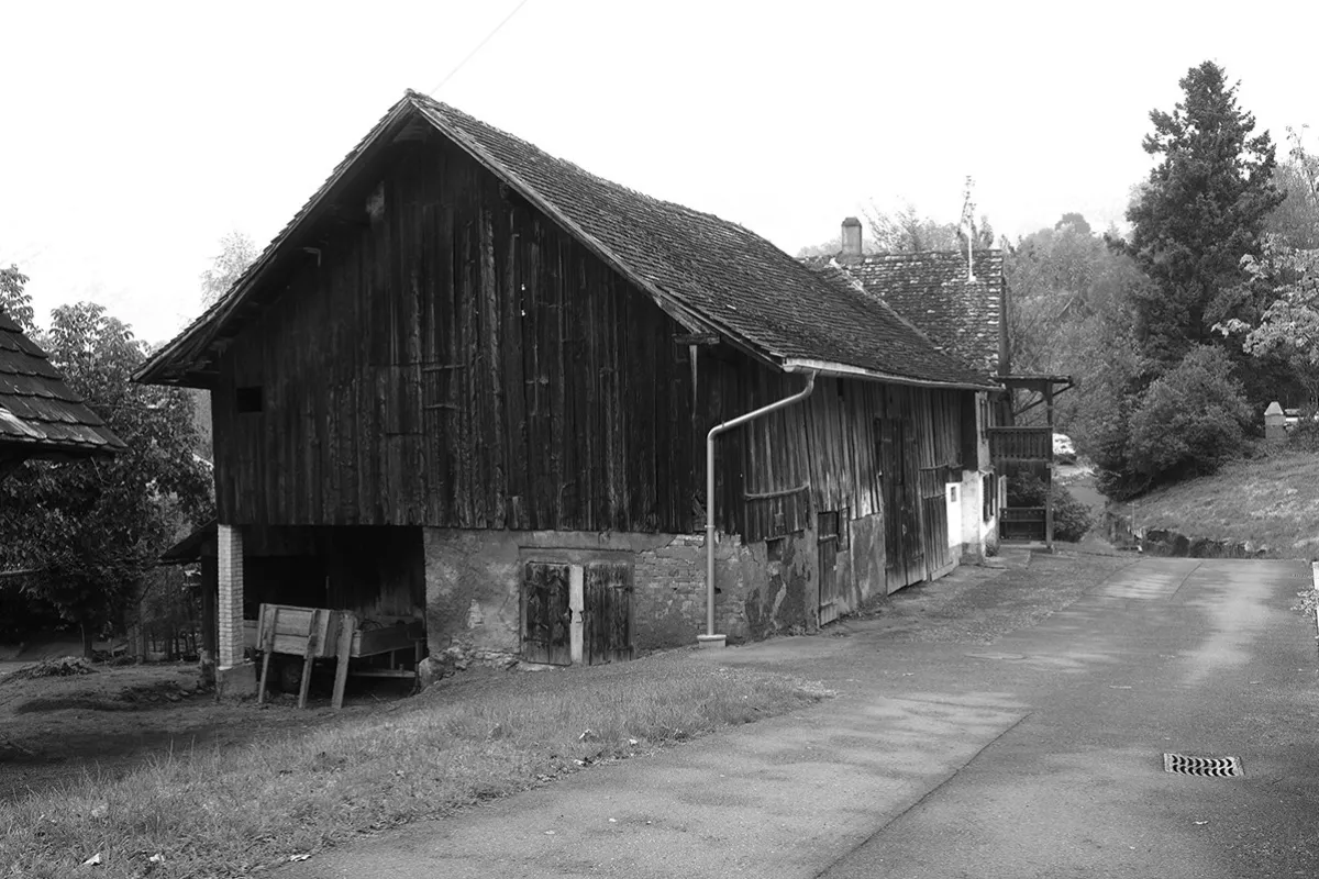 Altes Strickbau-Gebäude an der Kapfstrasse in Eschen, Liechtenstein, mit Holzfassade und schrägem Dach, umgeben von Bäumen und einem asphaltierten Weg.