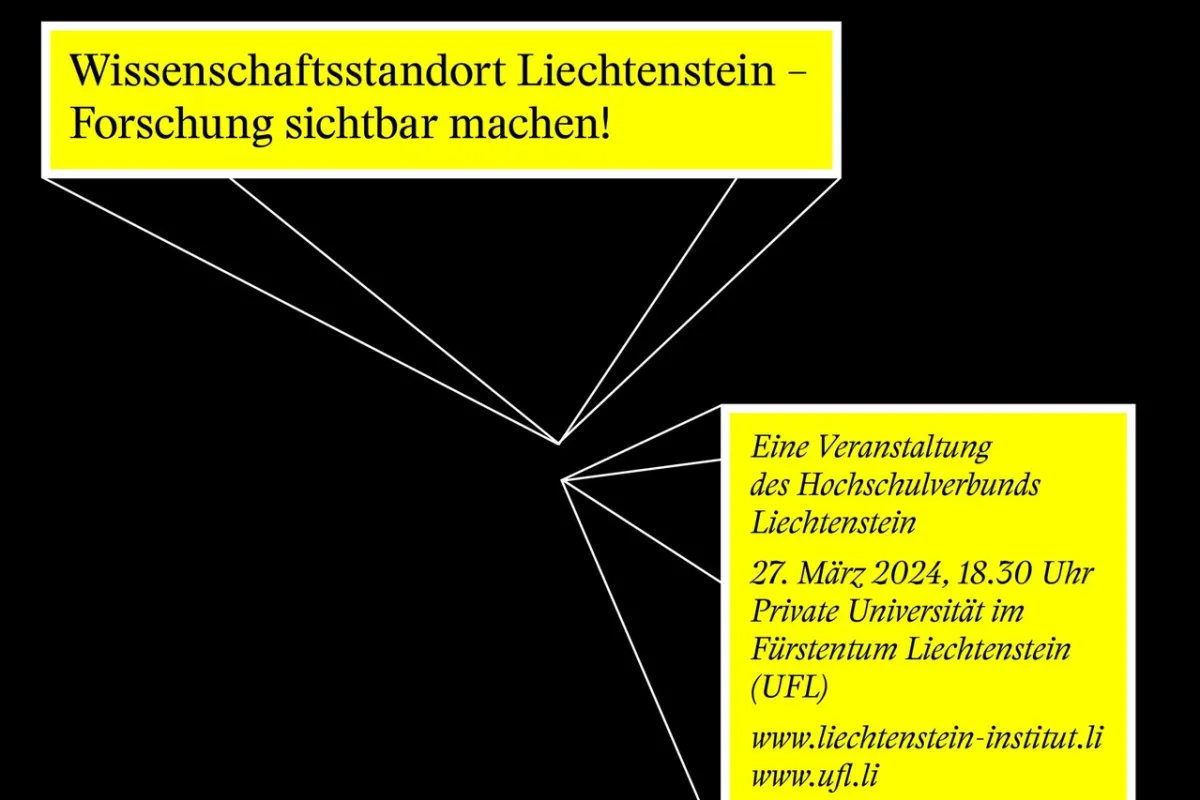 Grafik mit gelbem Hintergrundtext: 'Wissenschaftsstandort Liechtenstein – Forschung sichtbar machen!' und Informationen zur Veranstaltung des Hochschulverbunds Liechtenstein am 27. März 2024, 18:30 Uhr, an der UFL in Triesen. Enthält Webadressen der beteiligten Institutionen.