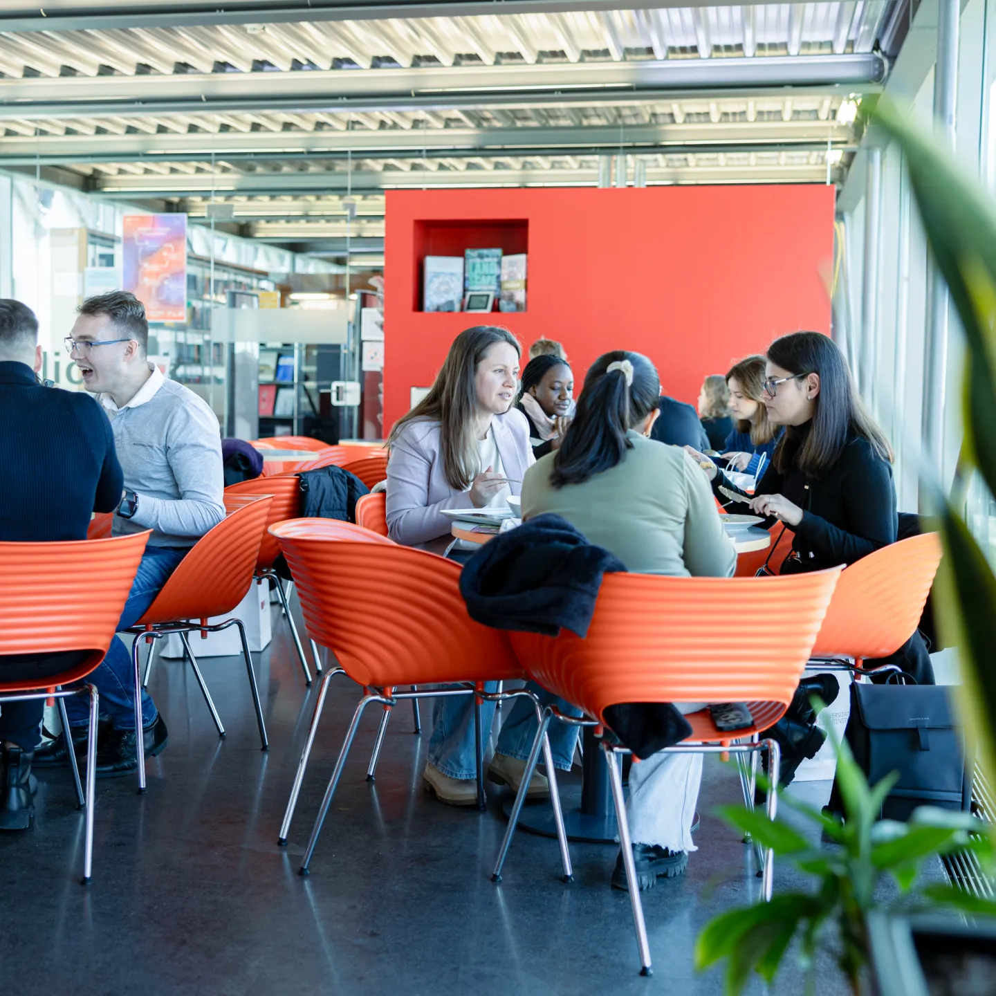 Lebendige Szene in der Universitätscafeteria mit mehreren Gruppen Studierender beim gemeinsamen Mittagessen und Gesprächen.