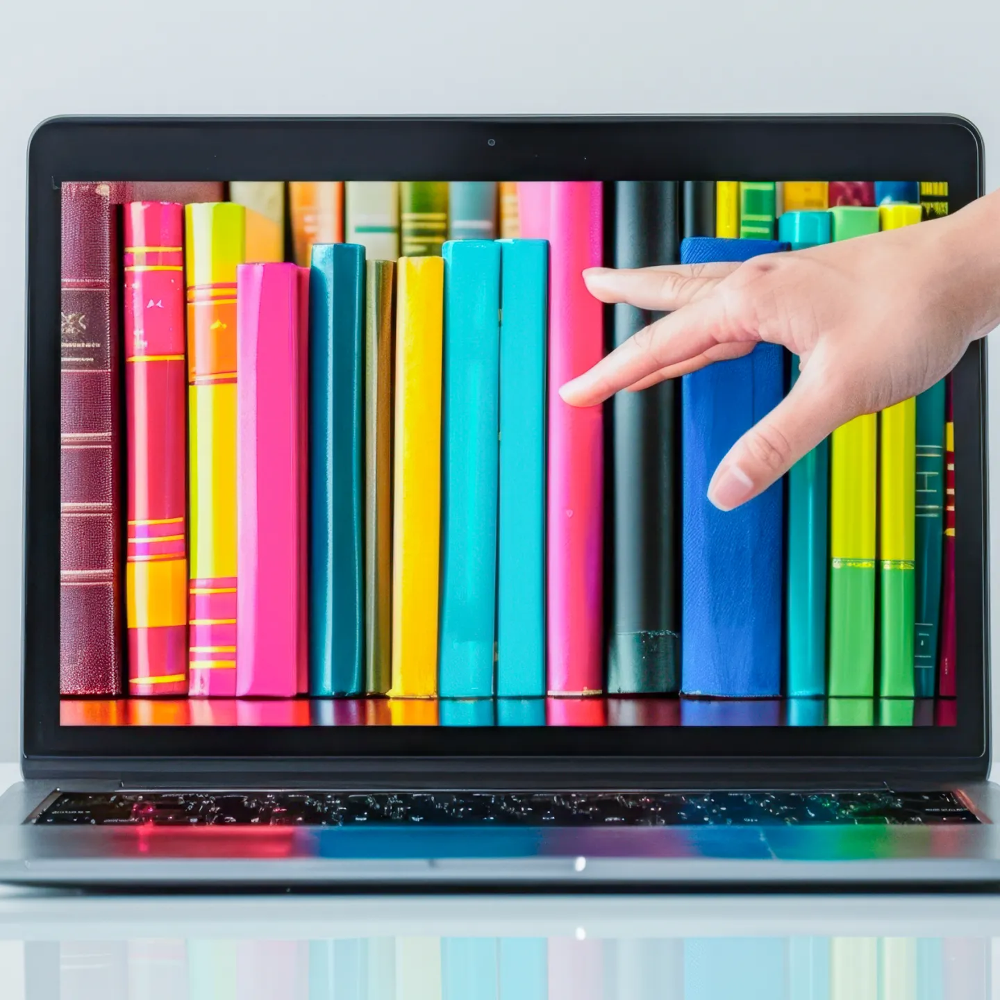 Hand greift nach digitalen Büchern, die aus dem Bildschirm eines Laptops herausragen, symbolisiert digitale Bibliothek.