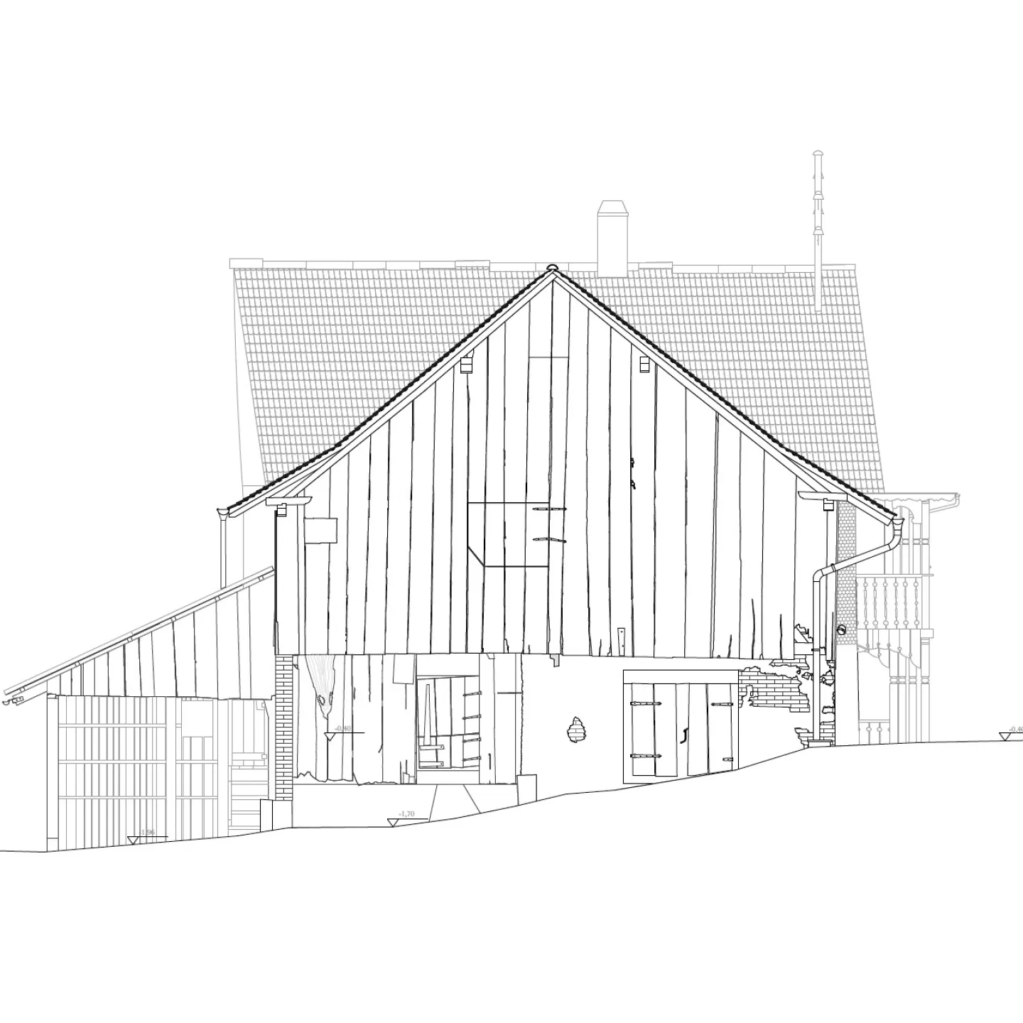 Plan/Ansicht eines landwirtschaftlichen Gebäudes in schwarz/weiss