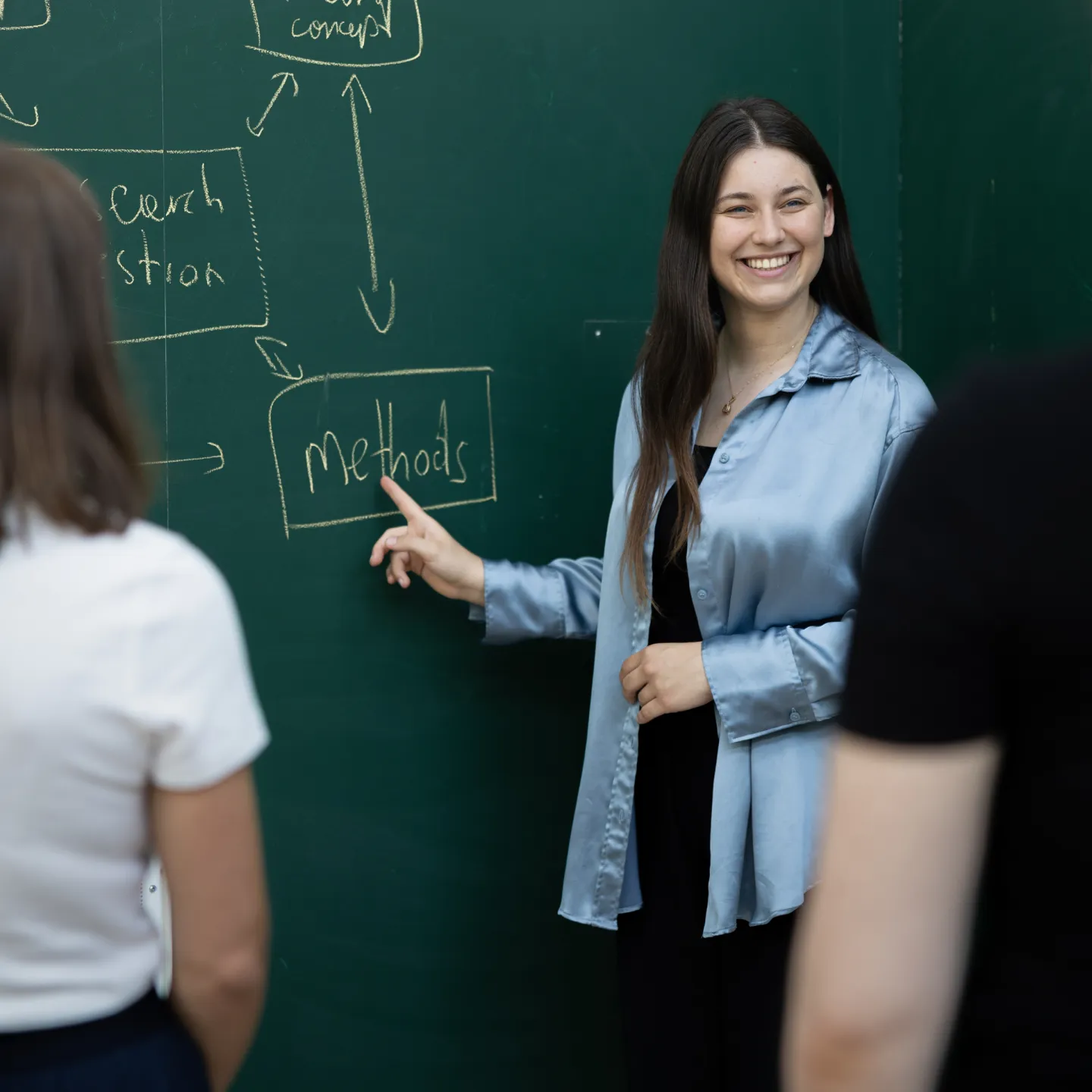 Studierende präsentieren ein Forschungskonzept an der Tafel und diskutieren Methoden an der Universität Liechtenstein.
