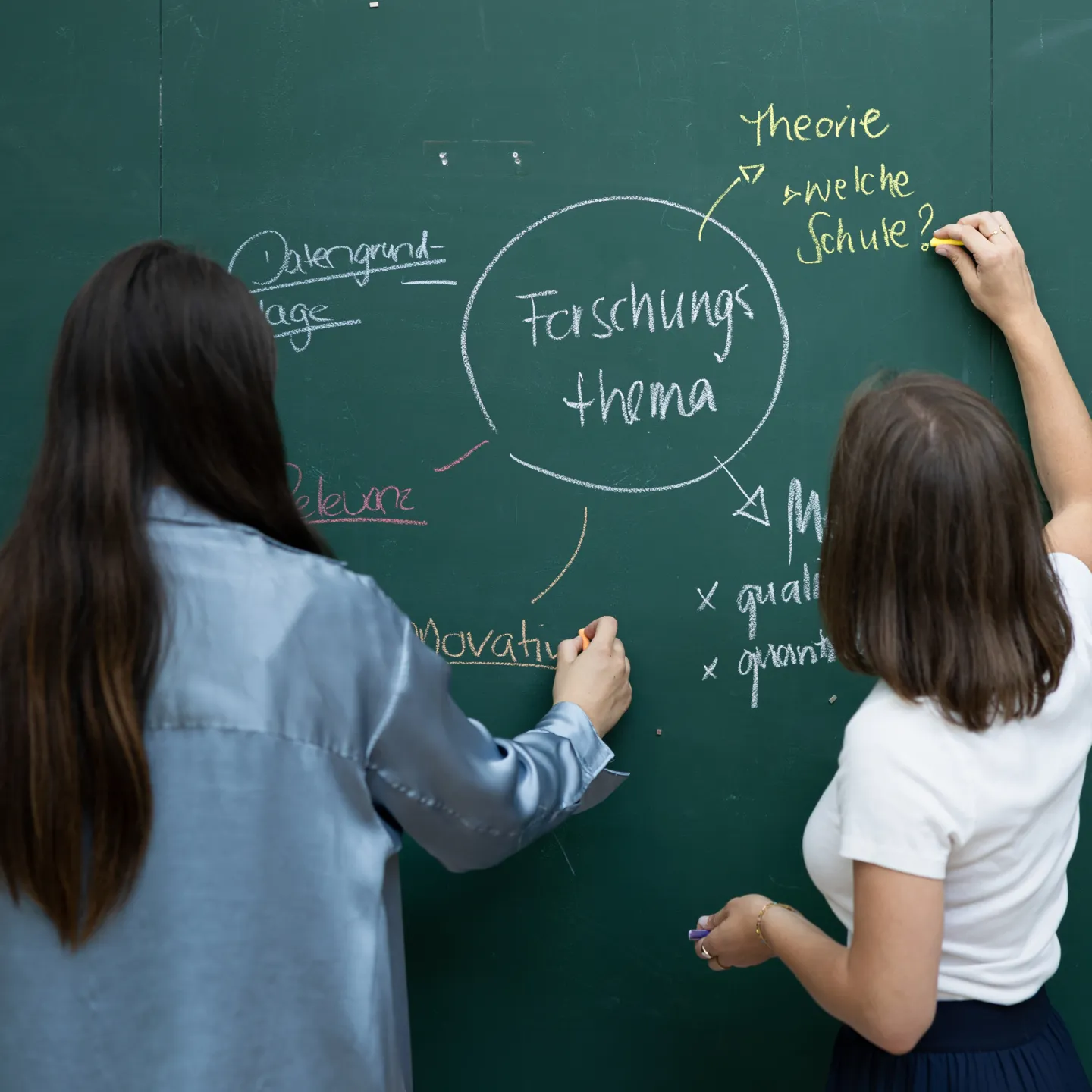 Zwei Studierende entwickeln ein Forschungsthema auf einer beschrifteten grünen Tafel mit Kreide und Farben.