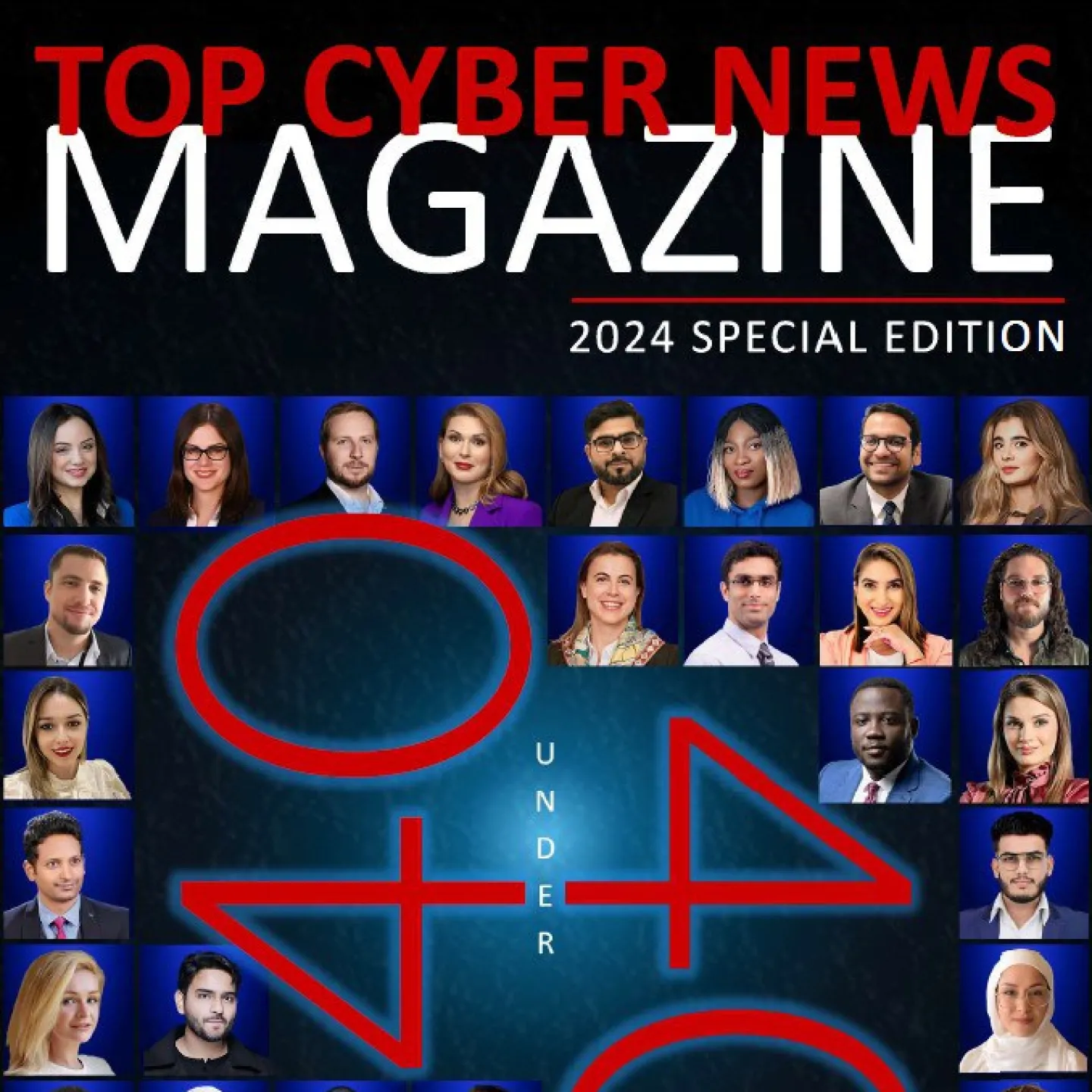 Titelbild des "Top Cyber News Magazine" 2024 Special Edition mit Porträts von 40 jungen Talenten aus der Cybersicherheitsbranche. Text "40 Under 40" in der Mitte, umgeben von den Porträts der ausgezeichneten Fachleute.
