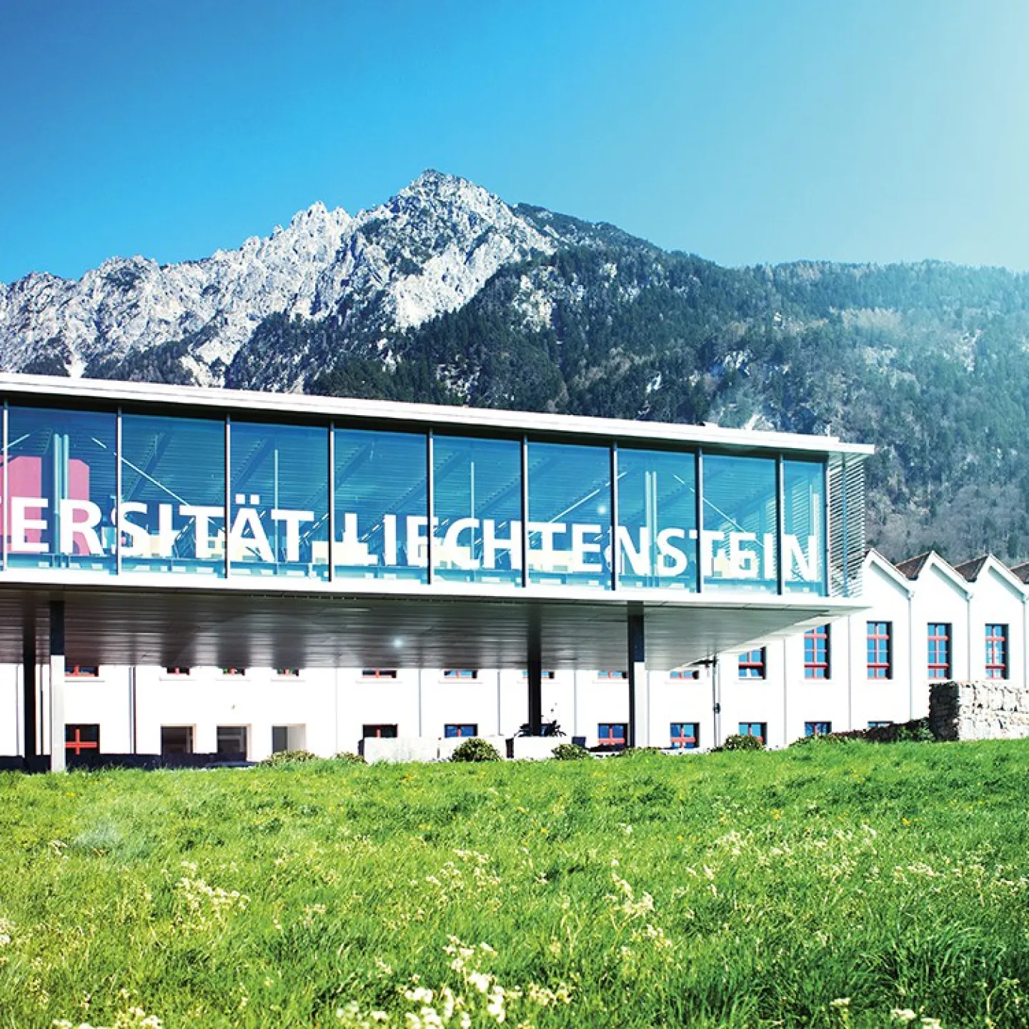 Außenansicht der Universität Liechtenstein mit modernem Glasgebäude vor malerischer Bergkulisse, umgeben von grüner Wiese.