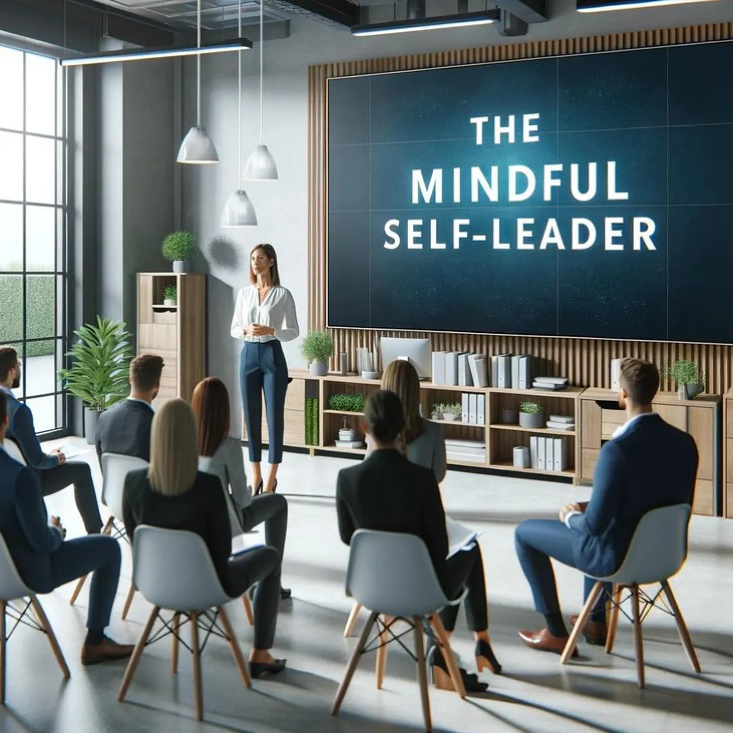 Eine Frau hält eine Präsentation vor einer Gruppe von Menschen in einem modernen Konferenzraum. Auf einem großen Bildschirm steht der Text "The Mindful Self-Leader".
