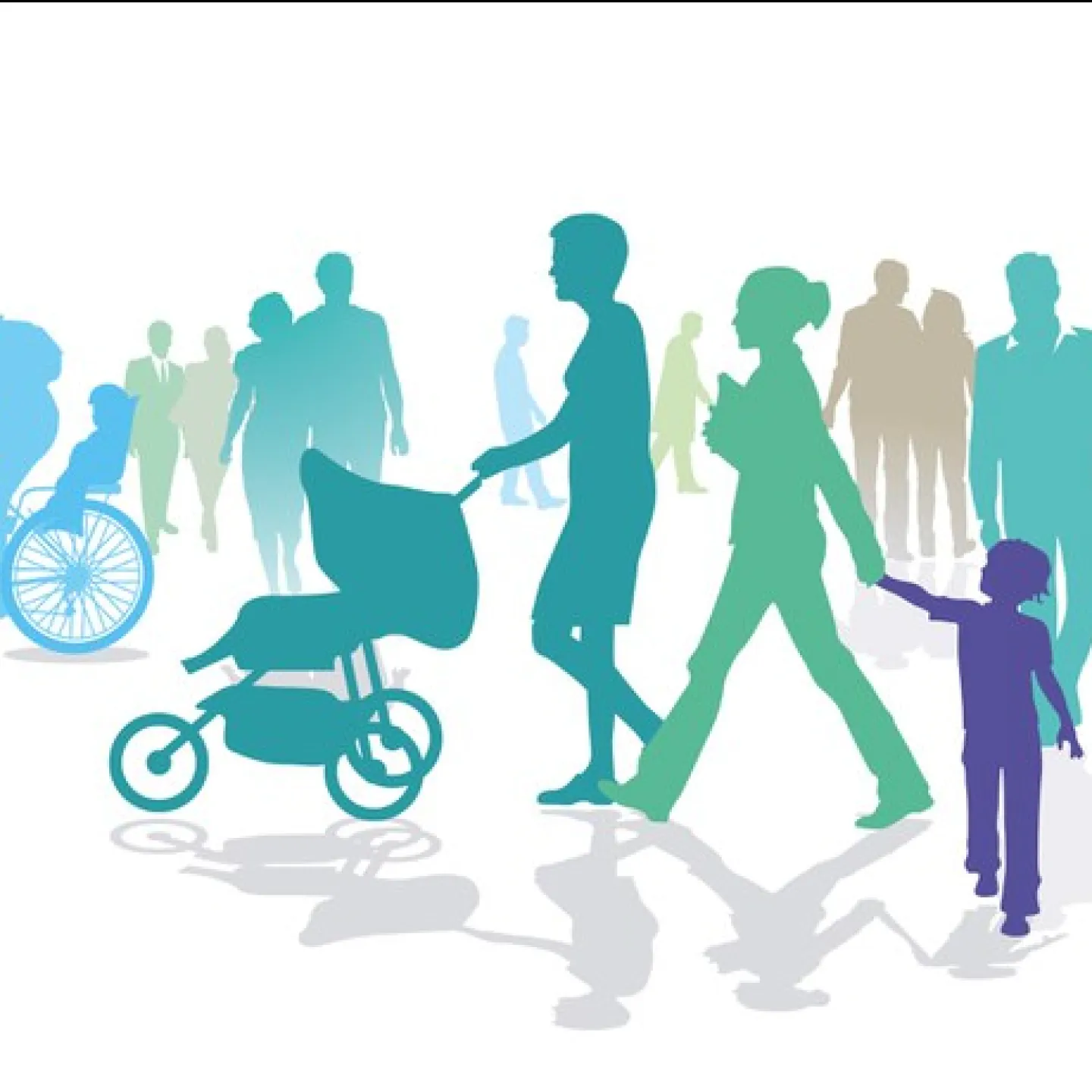 Buntes Scherenschnittbild von Menschen in verschiedenen Lebenssituationen: Erwachsene, Kinder, Radfahrer und Personen mit Kinderwagen, die Vielfalt und Wandel moderner Familienstrukturen symbolisieren.