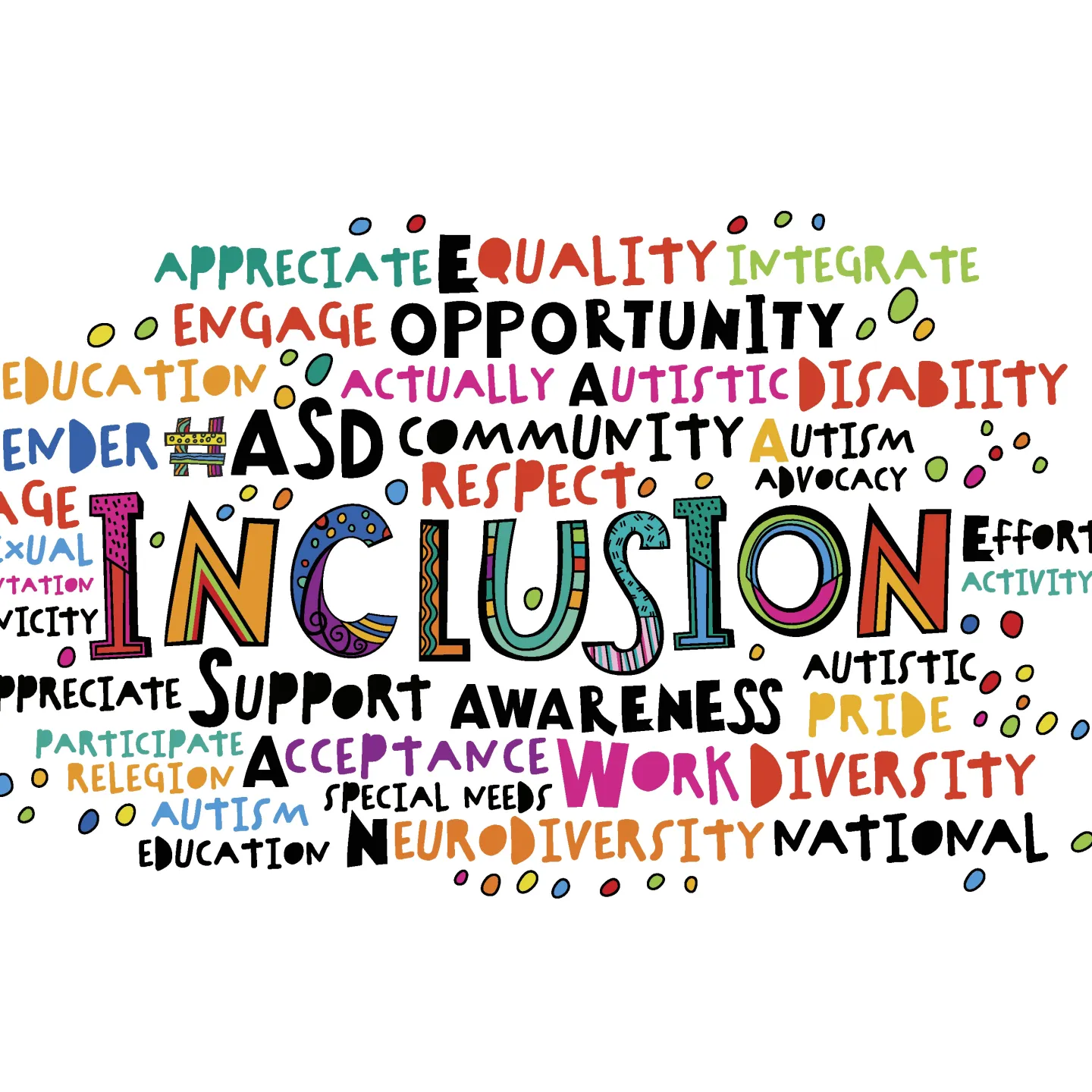 Wortwolke mit farbigen Buchstaben zum Thema Inclusion 