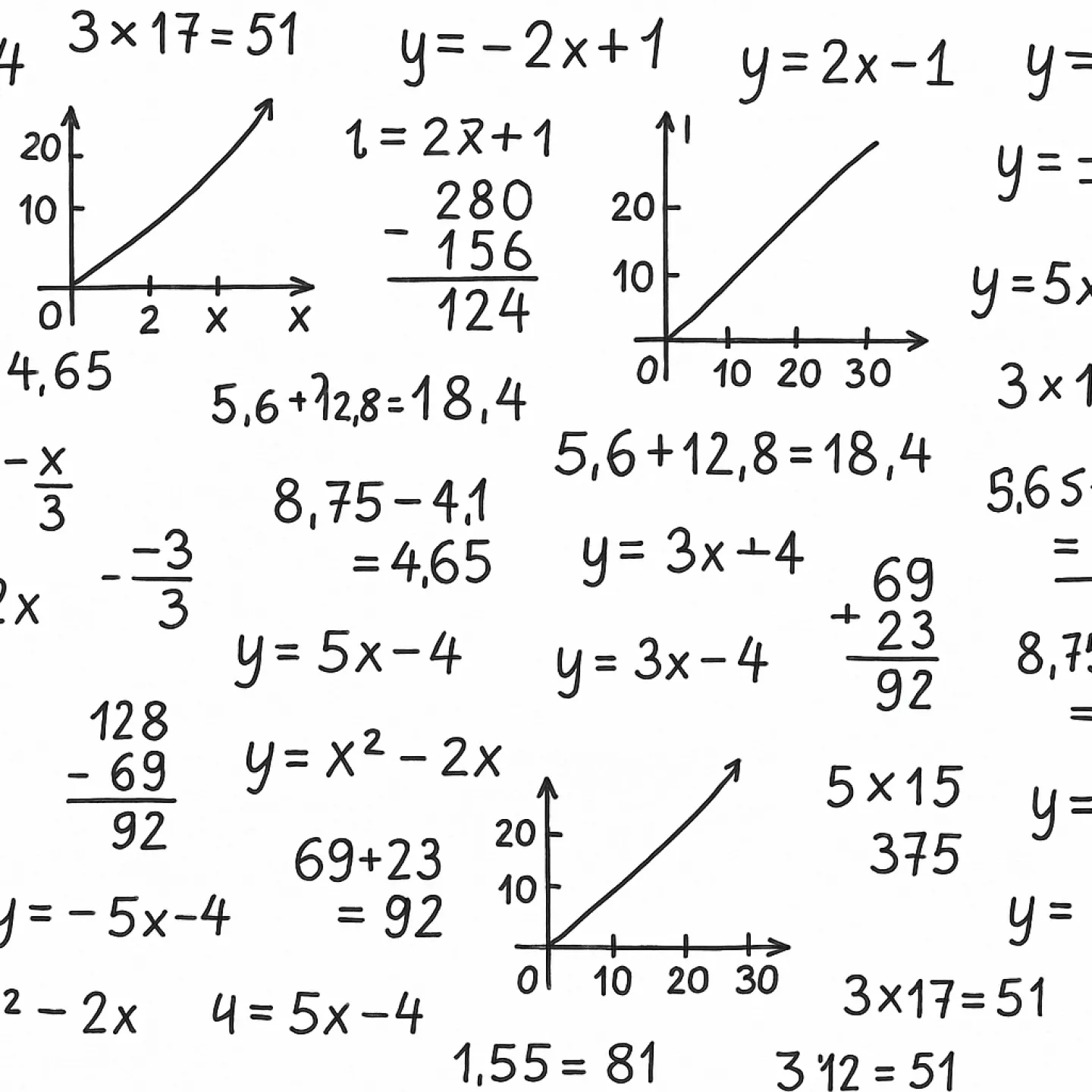 Handgeschriebene mathematische Gleichungen und Diagramme auf weißem Hintergrund, genutzt im Studium der Betriebswirtschaftslehre an der Universität Liechtenstein.