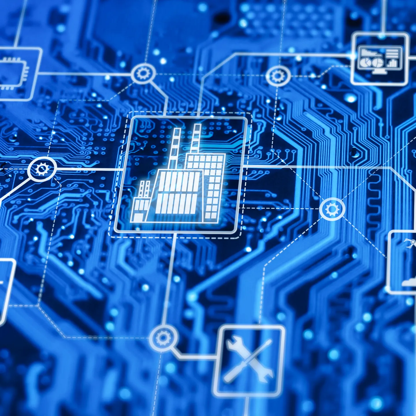 Digitale Darstellung von Industrie 4.0 mit IoT Symbolen und Schaltkreisen.