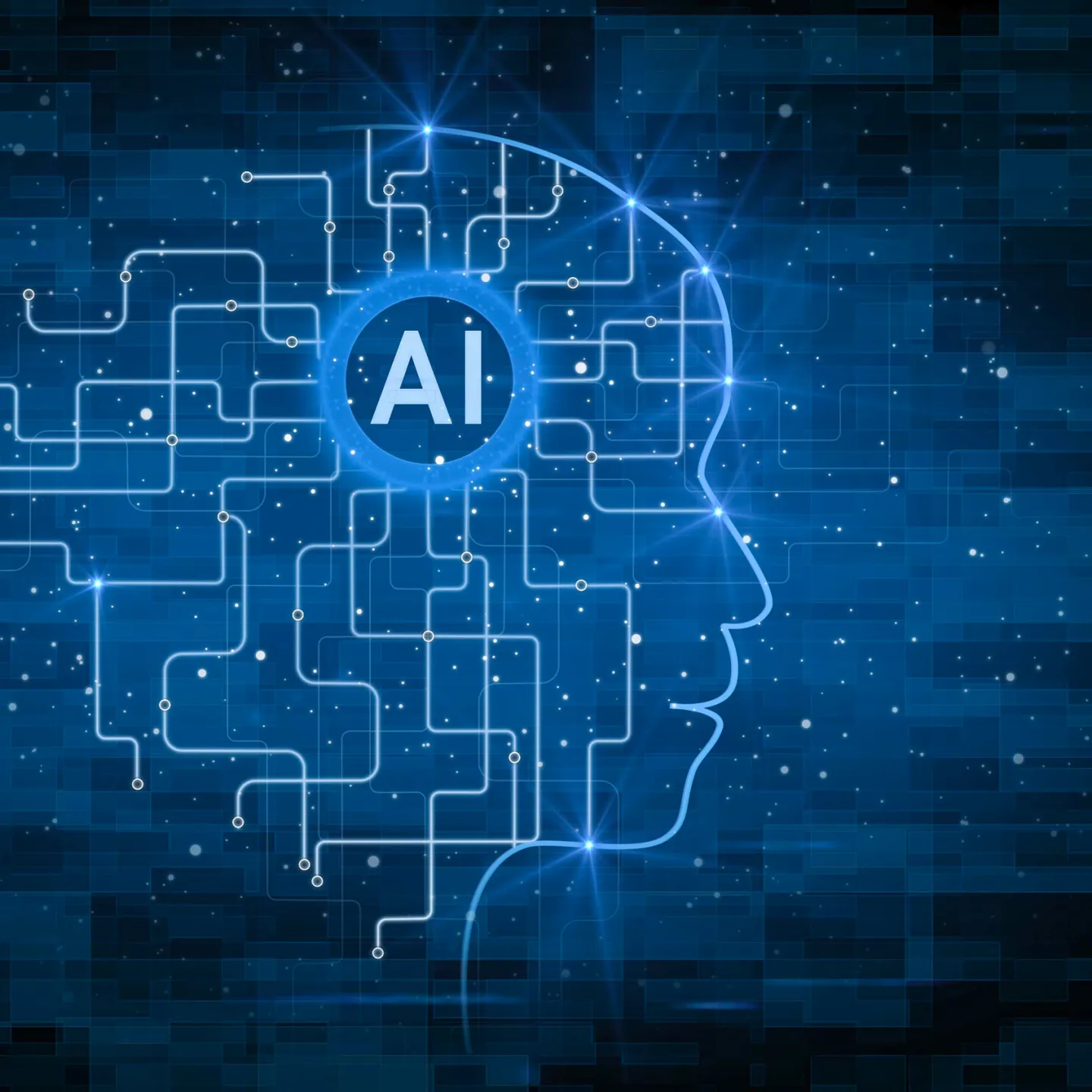 Abstrakte Illustration eines menschlichen Kopfes mit KI Schaltkreisen und AI Schriftzug.