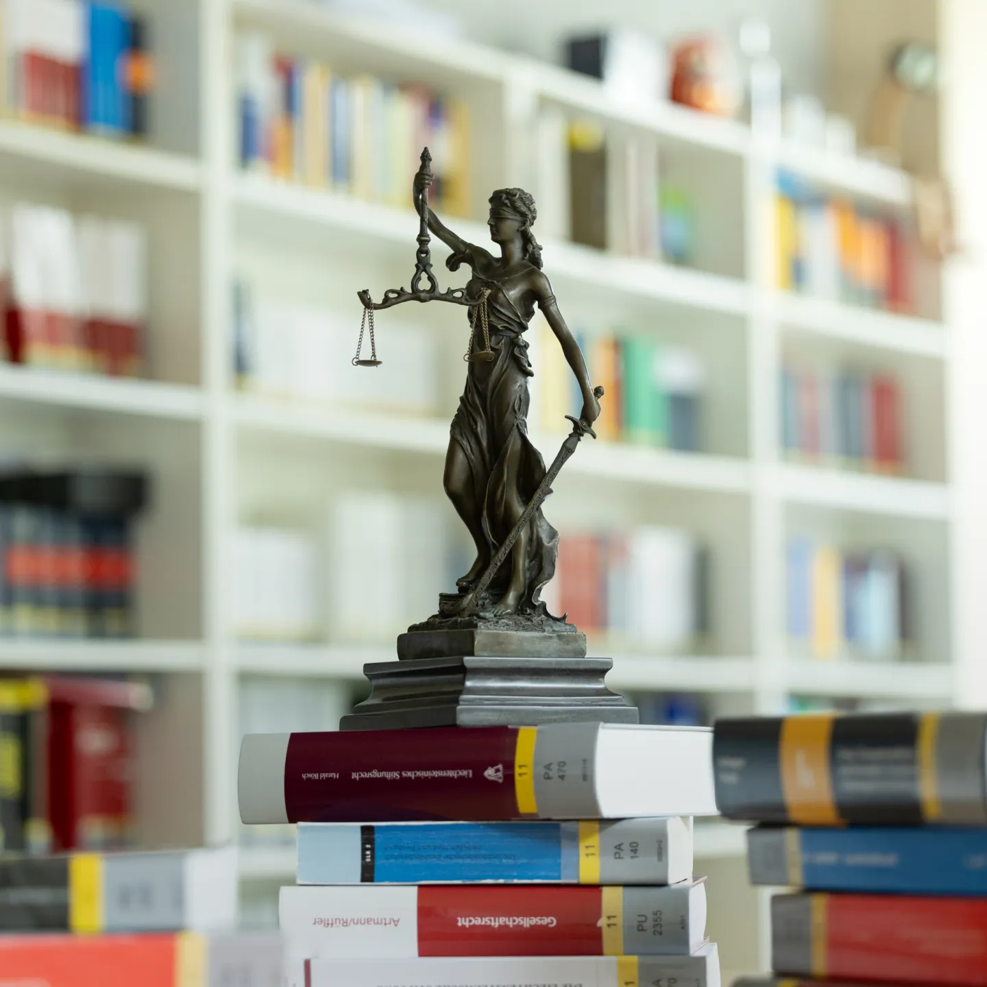 Justitia-Statue auf einem Stapel juristischer Bücher in der Bibliothek der Universität Liechtenstein.