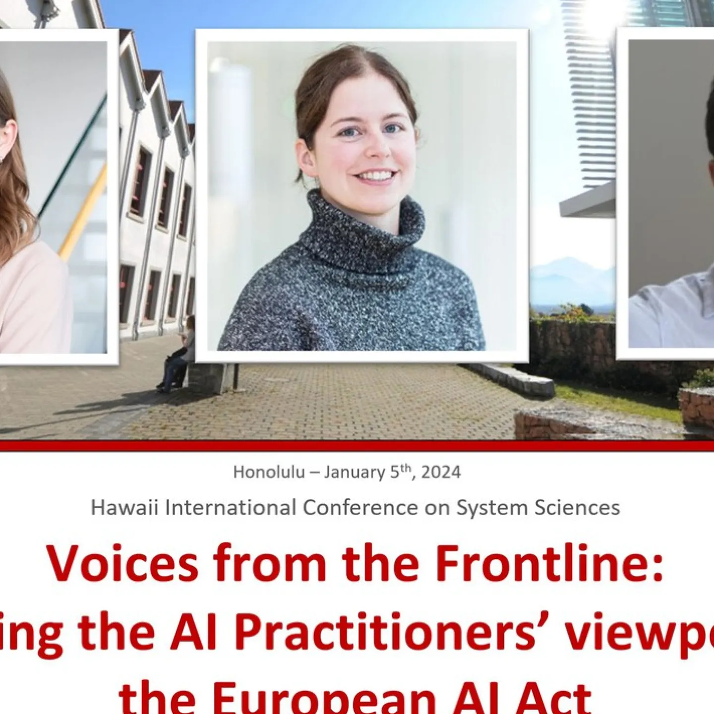 Drei Porträts von Personen vor einem modernen Universitätsgebäude. Darunter der Titel des Konferenzbeitrags: "Voices from the Frontline: Revealing the AI Practitioners' viewpoint on the European AI Act". Logos der Universität Liechtenstein und EPFL sind sichtbar.