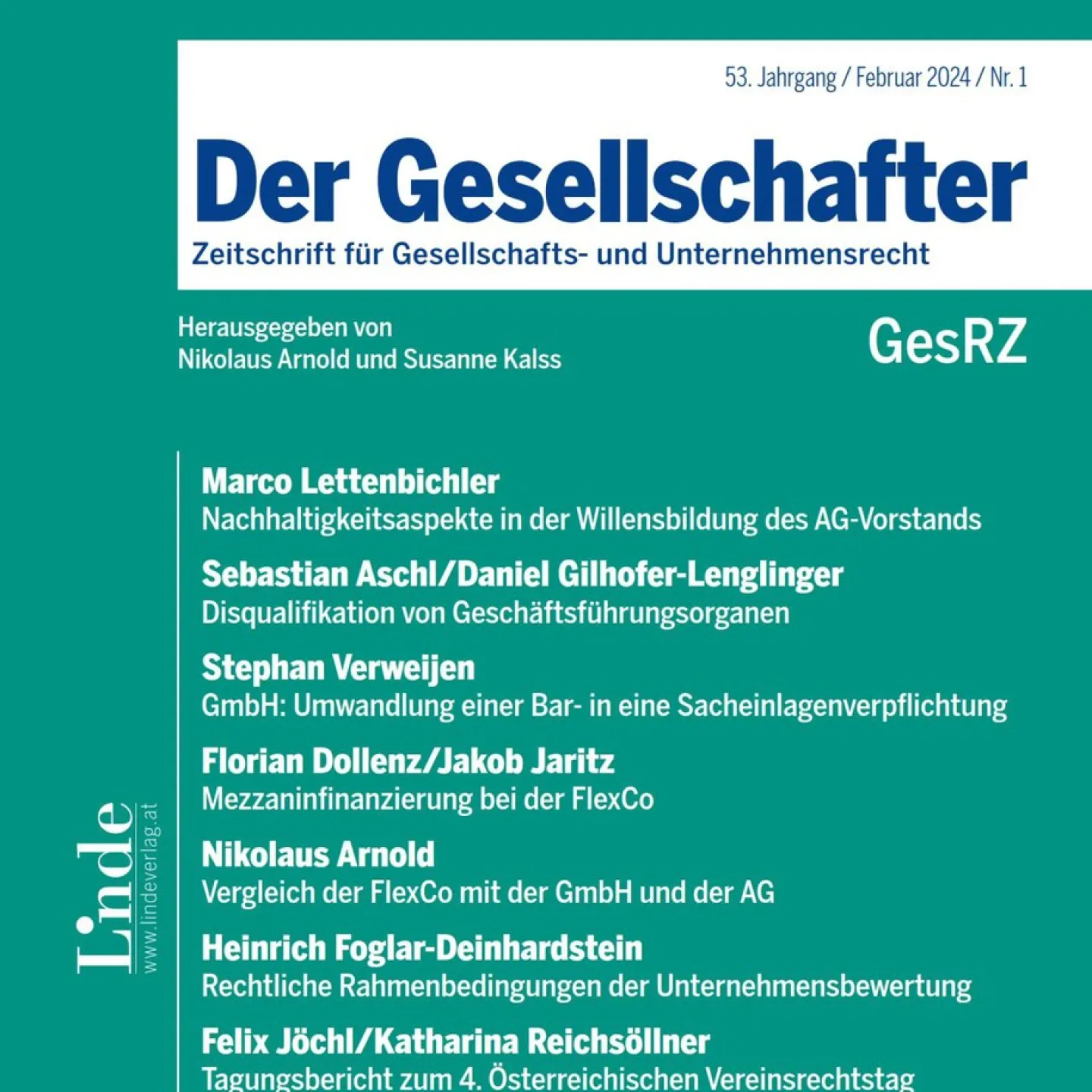 Titelbild der Zeitschrift "Der Gesellschafter", Ausgabe 1/2024, mit Beiträgen zu Gesellschafts- und Unternehmensrecht, darunter Nachhaltigkeitsaspekte in der Willensbildung des AG-Vorstands von Marco Lettenbichler.