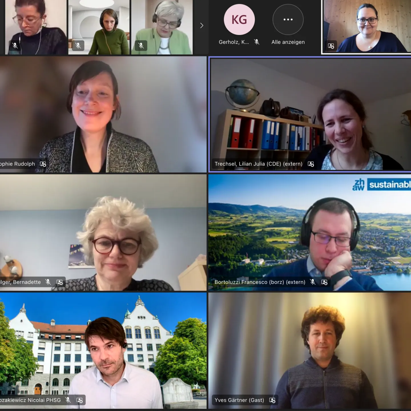 Eine Online-Podiumsdiskussion mit neun Teilnehmern in einem Videokonferenz-Layout. Die Teilnehmer sind in individuellen Kacheln zu sehen, einige mit virtuellen Hintergründen. Alle wirken konzentriert und engagiert.