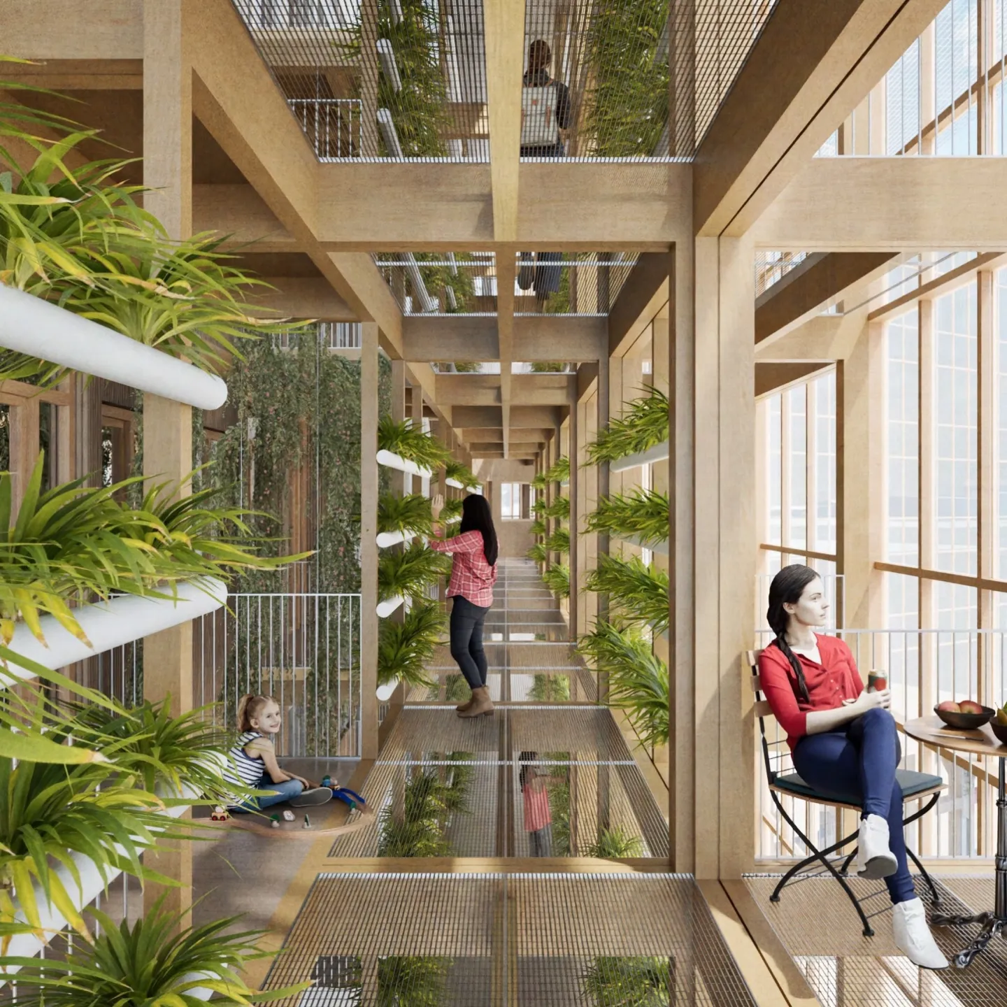 Visualisierung eines luftigen Holzgebäudes mit vielen Pflanzen und Menschen, die sich unterhalten