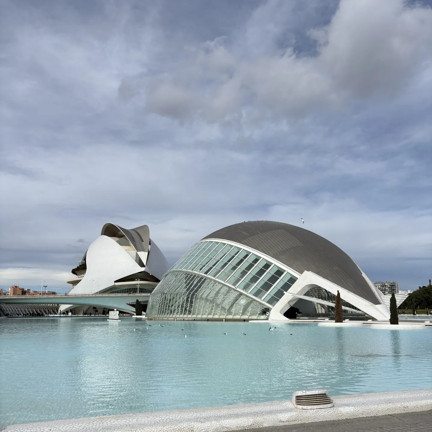 Moderne, futuristische Gebäude mit geschwungenen Glas- und Betonformen an einem großen Wasserbecken unter bewölktem Himmel.