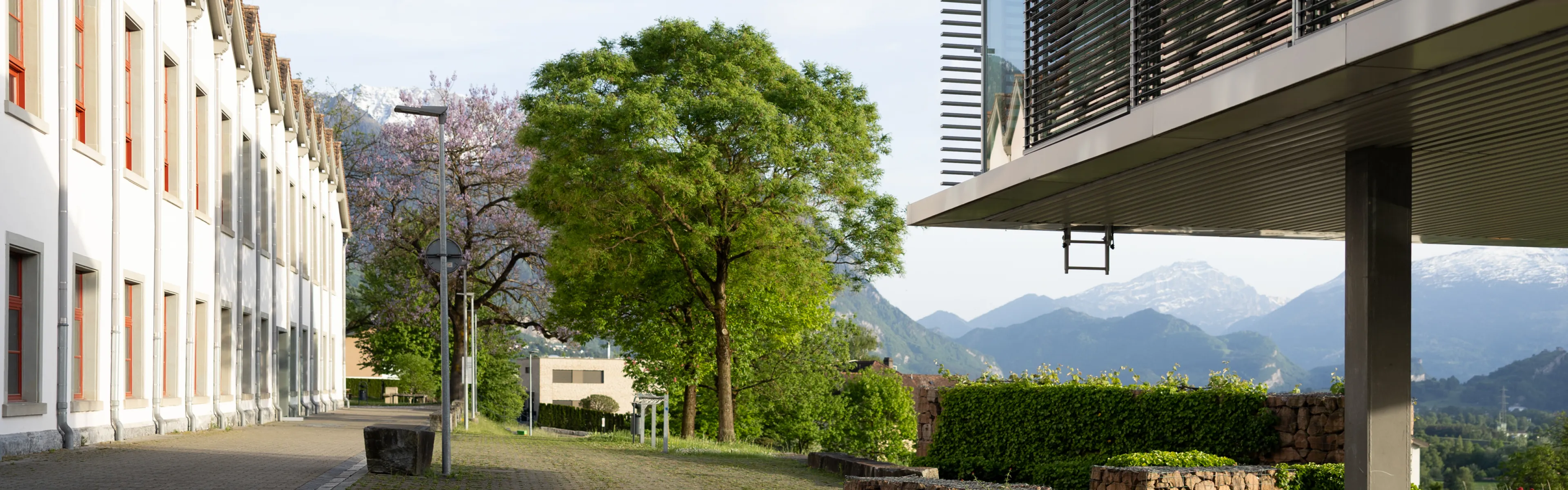 Blick auf den begrünten Innenhof des Campus mit weißem Altbau und modernen Anbauten vor alpiner Bergkulisse.