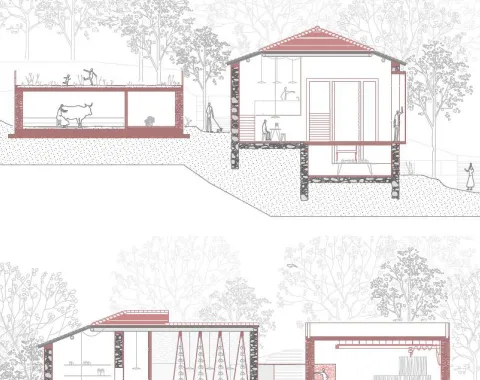 Querschnittszeichnung von zwei architektonischen Entwürfen, die ländliche Gebäude mit Innenräumen und Landschaft zeigen. Die Zeichnungen enthalten Details wie Tiere, Menschen und Vegetation, die die Integration von Natur und Architektur veranschaulichen.