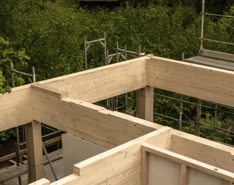 Holzkonstruktion eines Gebäudes im Bau, umgeben von grüner Landschaft und Gerüsten.