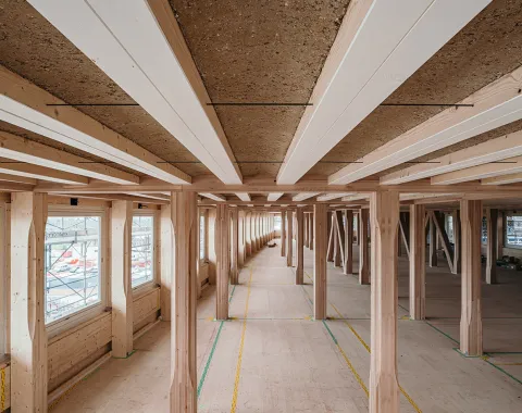 Innenansicht eines modernen Gebäudes mit Holzkonstruktion und Lehmboden, das den nachhaltigen Lehmbau am EARTH HUB der Universität Liechtenstein zeigt.