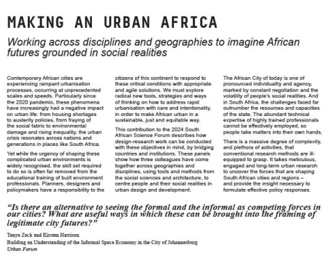 Ein Bild zeigt eine Ausstellungstafel mit Text und einer grafischen Darstellung. Die Grafik zeigt Hände, die an einem Modell arbeiten, das Gebäude und Straßen darstellt. Der Text thematisiert urbane Entwicklung und soziale Integration in afrikanischen Städten.