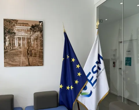 Ein moderner Warteraum mit blauen Sitzmöbeln, zwei Flaggen – eine der Europäischen Union und eine mit dem Logo des Europarats – und einem gerahmten Bild eines historischen Gebäudes an der Wand.
