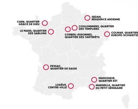 Karte von Frankreich mit markierten Städten, die am Projekt „Quartiers de demain“ teilnehmen: Caen, Le Mans, Sedan, Coulommiers, Corbeil-Essonnes, Colmar, Pessac, Lodève, Manosque, Marseille.