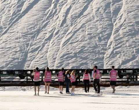 Gruppe Menschen vor einem grossen Salzberg