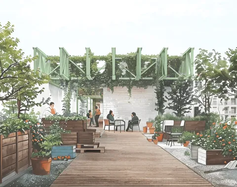 Visualisierung einer begrünten Dachterrasse mit Menschen im Hintergrund