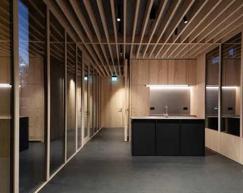 Moderner Innenraum mit Holzarchitektur und Kücheninsel als Beispiel zeitgenössischer Raumgestaltung