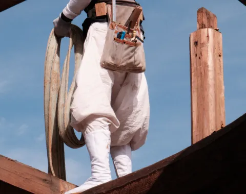 Handwerkerin arbeitet an traditioneller Holzkonstruktion während Restaurationsprojekt