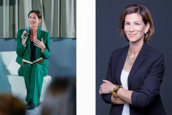 Speakerin im grünen Hosenanzug bei Podiumsdiskussion und offizielles Porträt einer Professorin oder Alumna