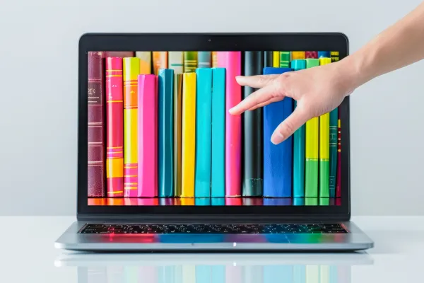 Hand greift nach digitalen Büchern, die aus dem Bildschirm eines Laptops herausragen, symbolisiert digitale Bibliothek.