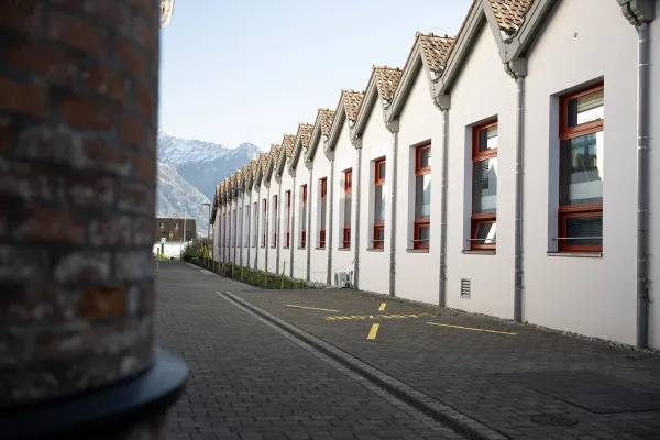 Rückseite der Universitätsgebäude mit gleichmäßig angeordneten Giebeldächern und Blick in die Alpen.