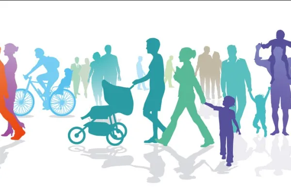 Buntes Scherenschnittbild von Menschen in verschiedenen Lebenssituationen: Erwachsene, Kinder, Radfahrer und Personen mit Kinderwagen, die Vielfalt und Wandel moderner Familienstrukturen symbolisieren.